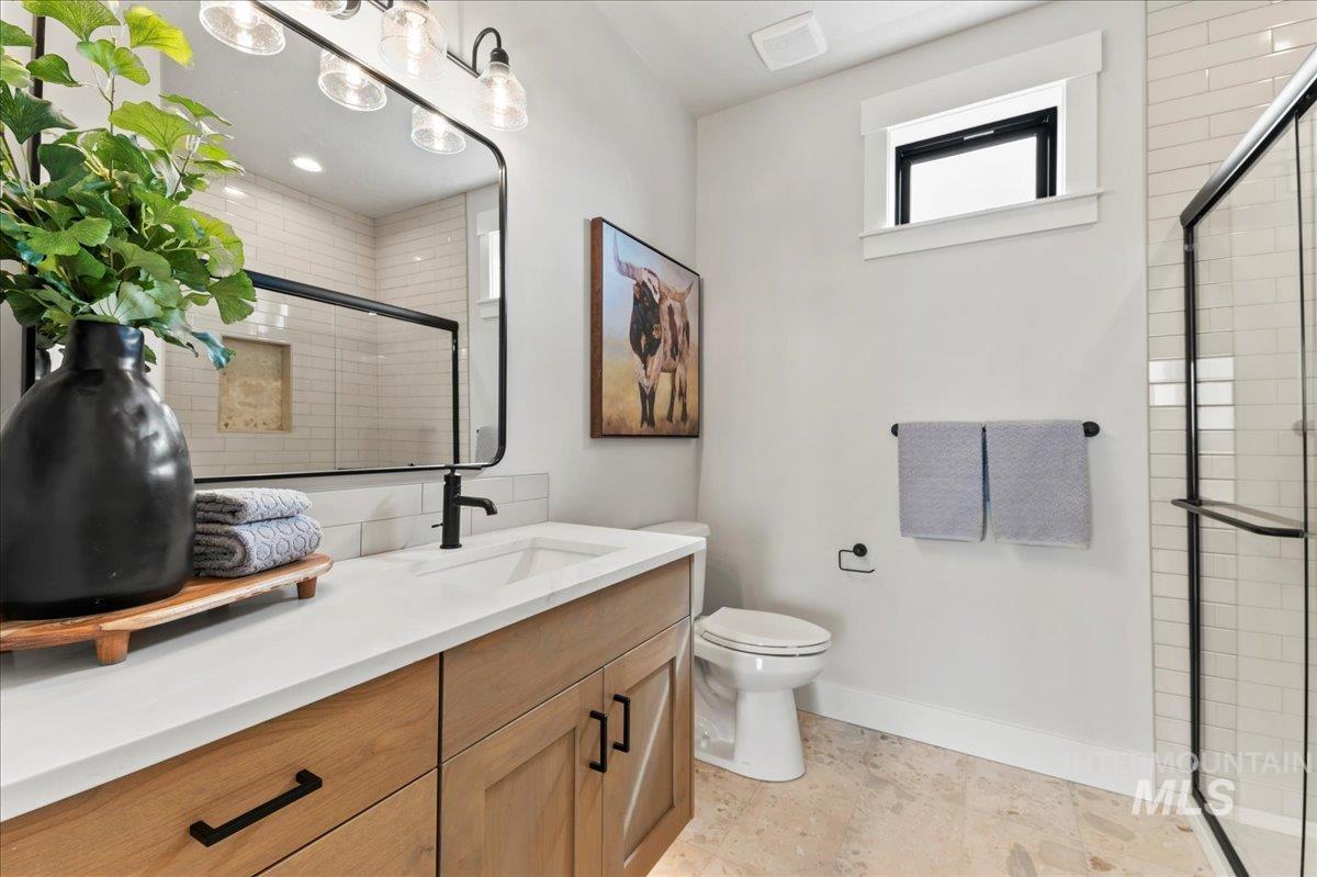 Full bath with vanity and a stall shower