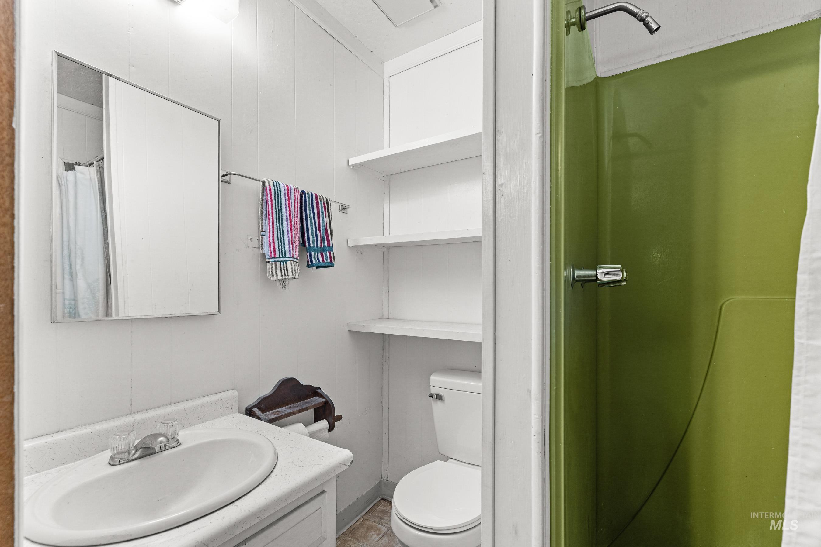 Full bathroom featuring vanity and a shower with curtain