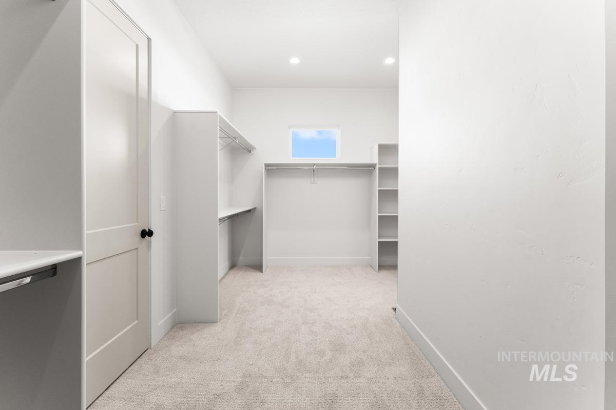 Walk in closet with light colored carpet