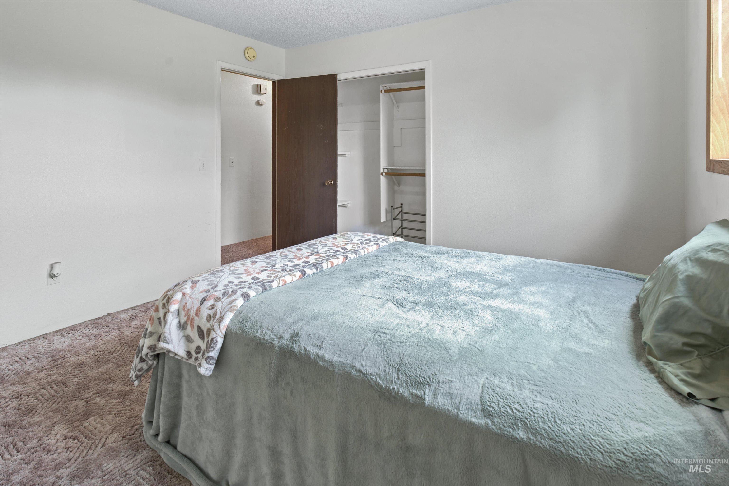 Carpeted bedroom featuring light-colored walls and a closet with shelving