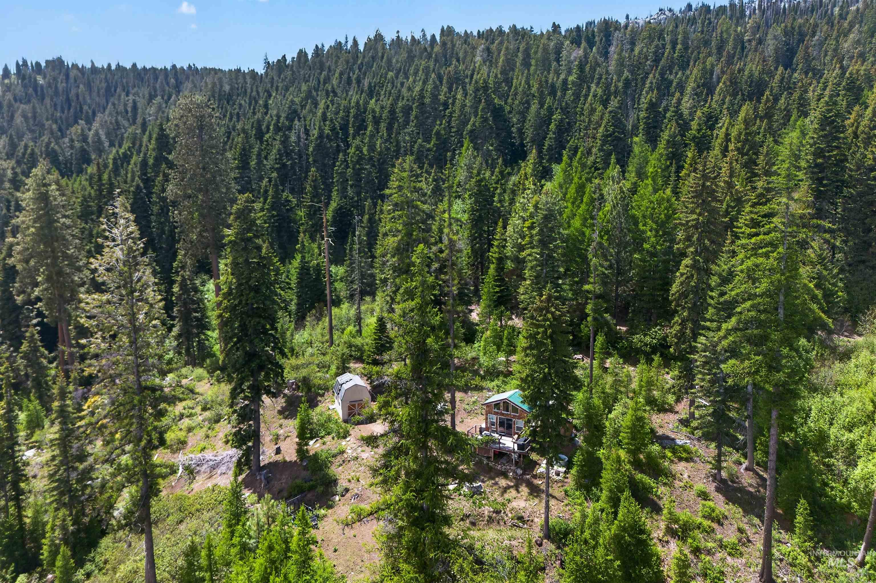 Wooded mountain landscape featuring a structure with a green roof, a second smaller structure with a white arched roof, and extensive natural foliage