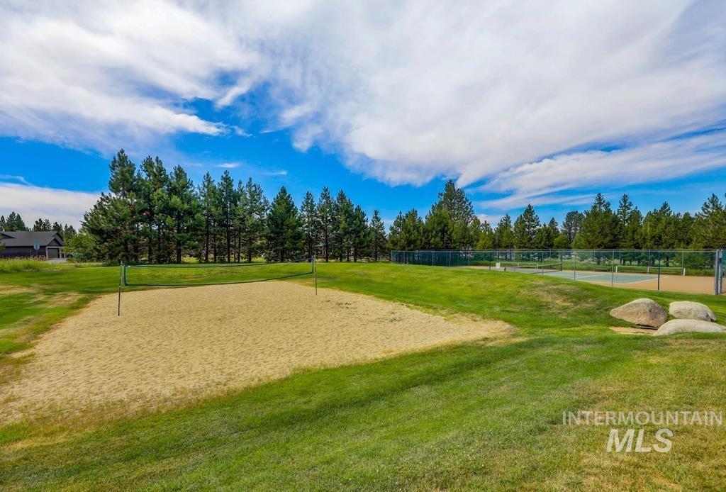 Sand volleyball court with a net, surrounded by green lawn and mature evergreen trees