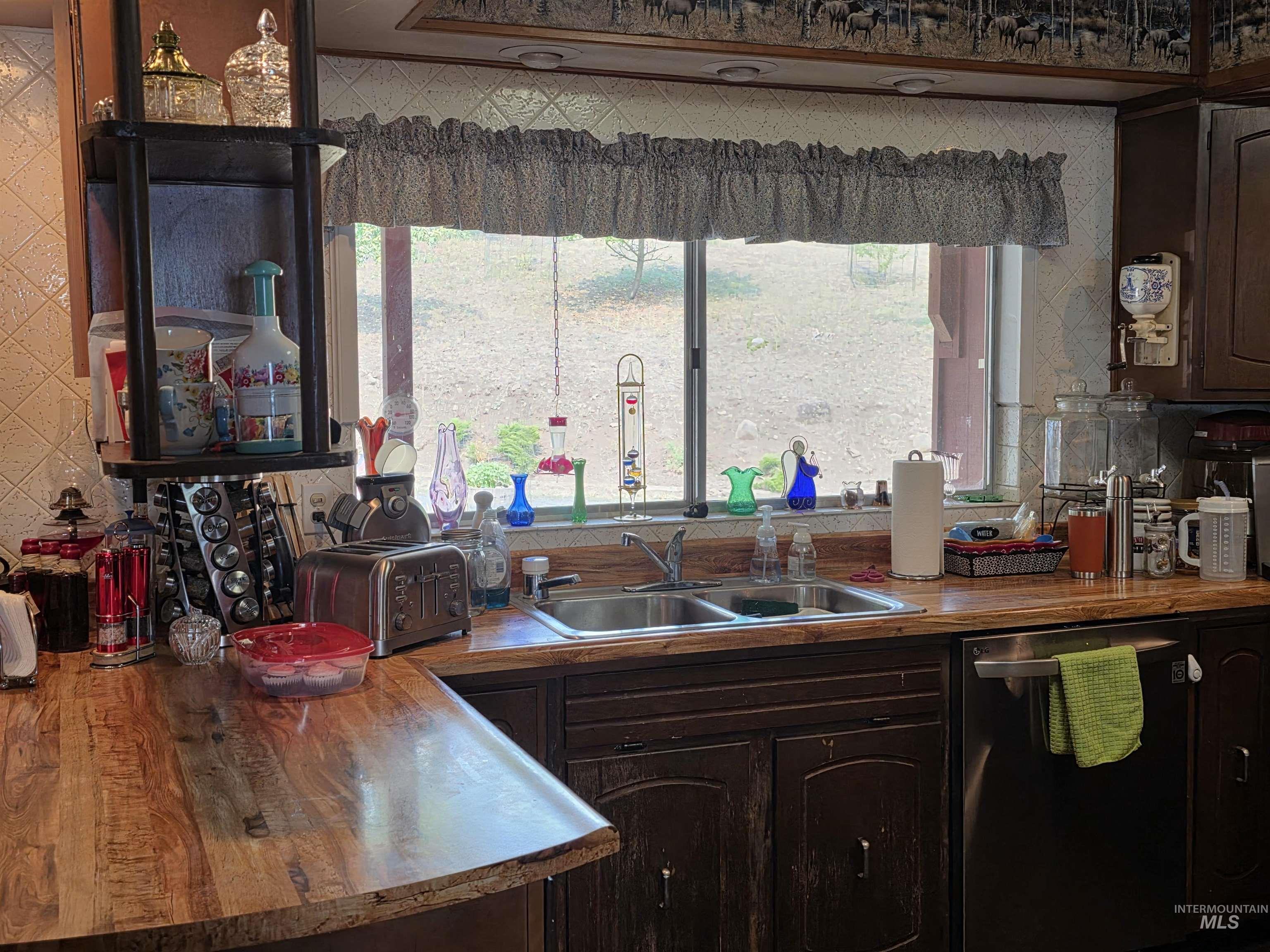 Kitchen with dark brown cabinetry, stainless steel dishwasher, and wooden counters