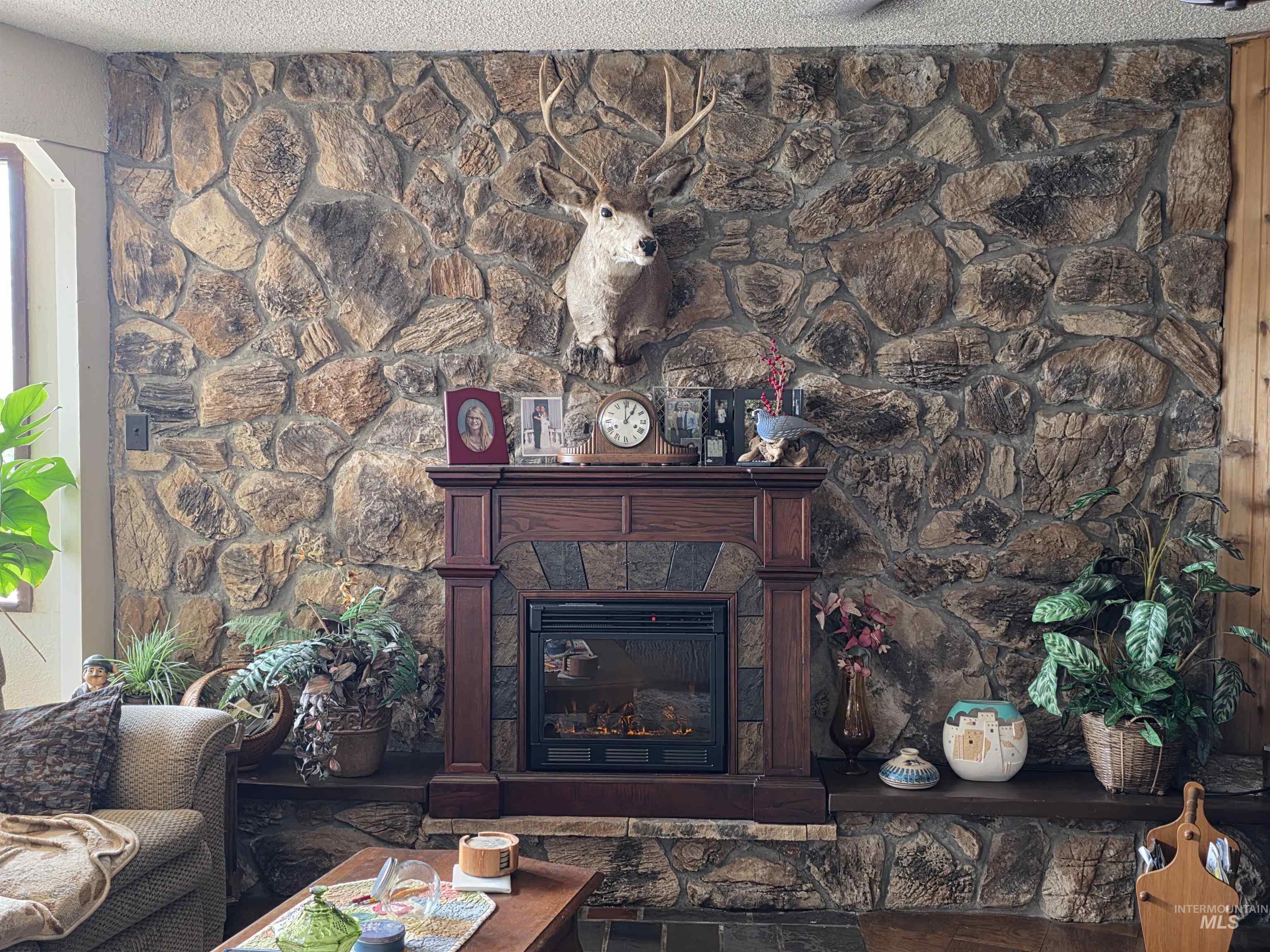 Living room featuring a large fireplace