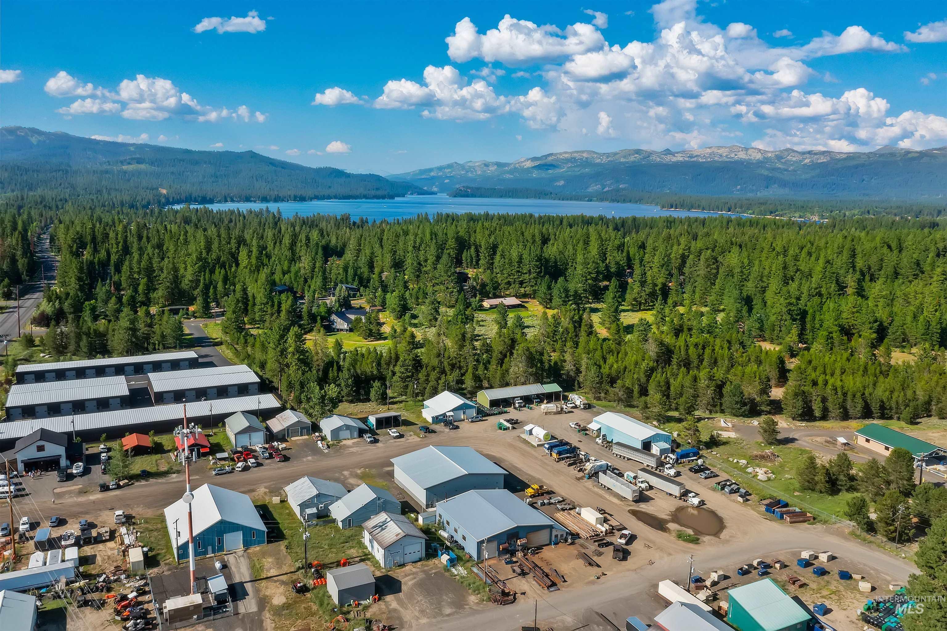 Bird's eye view of a mountain backdrop and a heavily wooded area