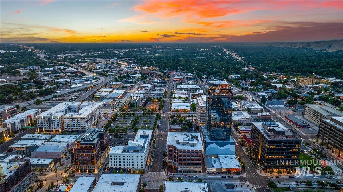 Aerial view at dusk of a city view