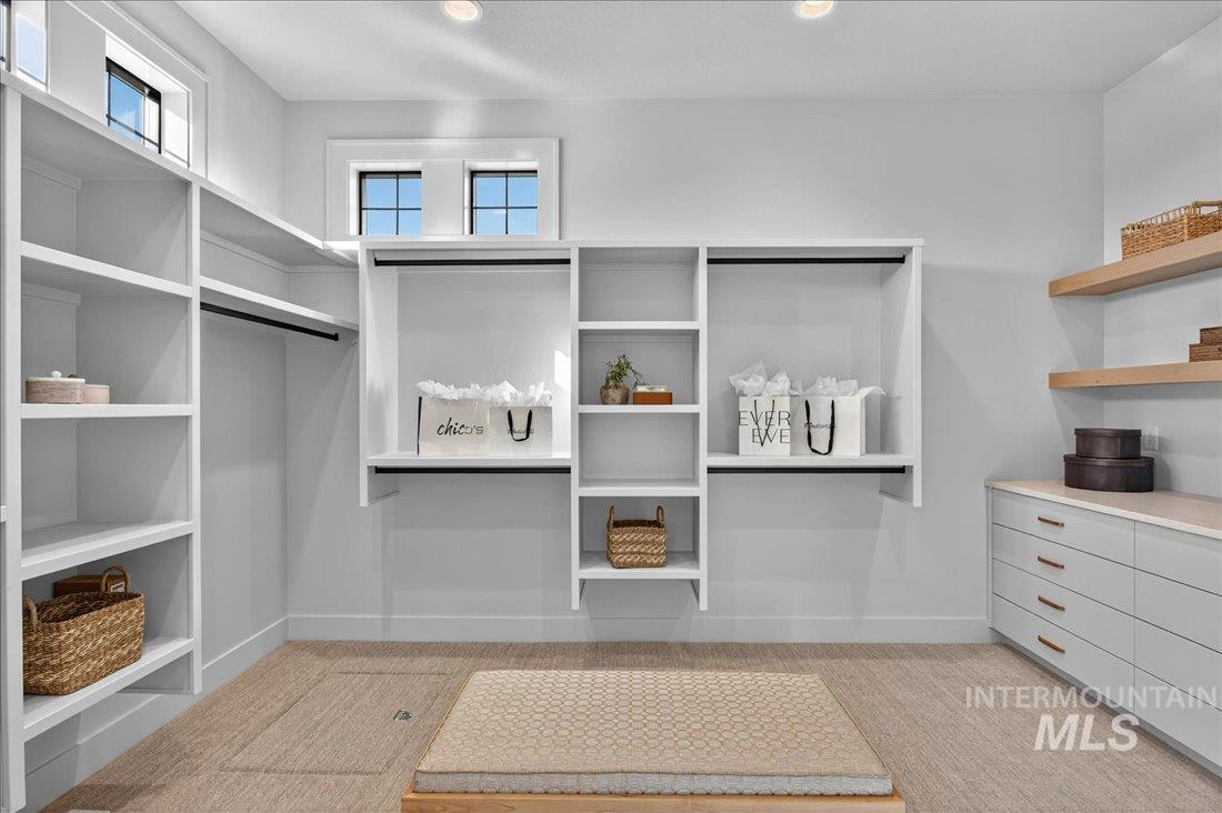 Walk in closet featuring light carpet