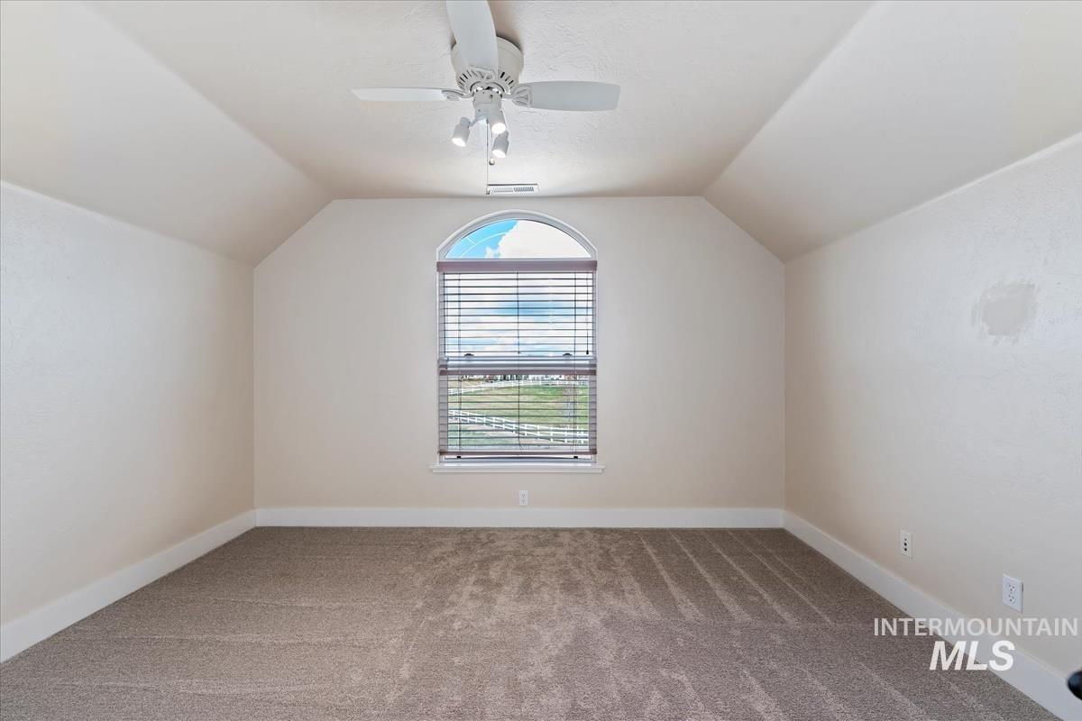 Bonus room featuring carpet, lofted ceiling, and a ceiling fan