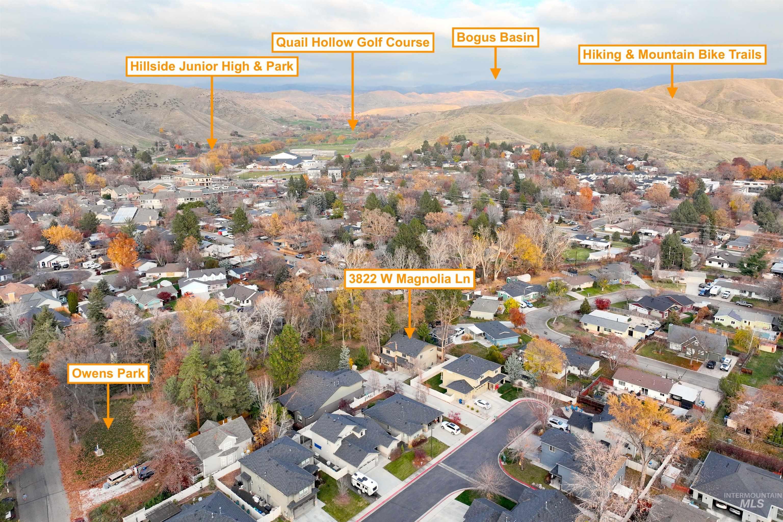Aerial view of property and surrounding area featuring nearby suburban area and mountains