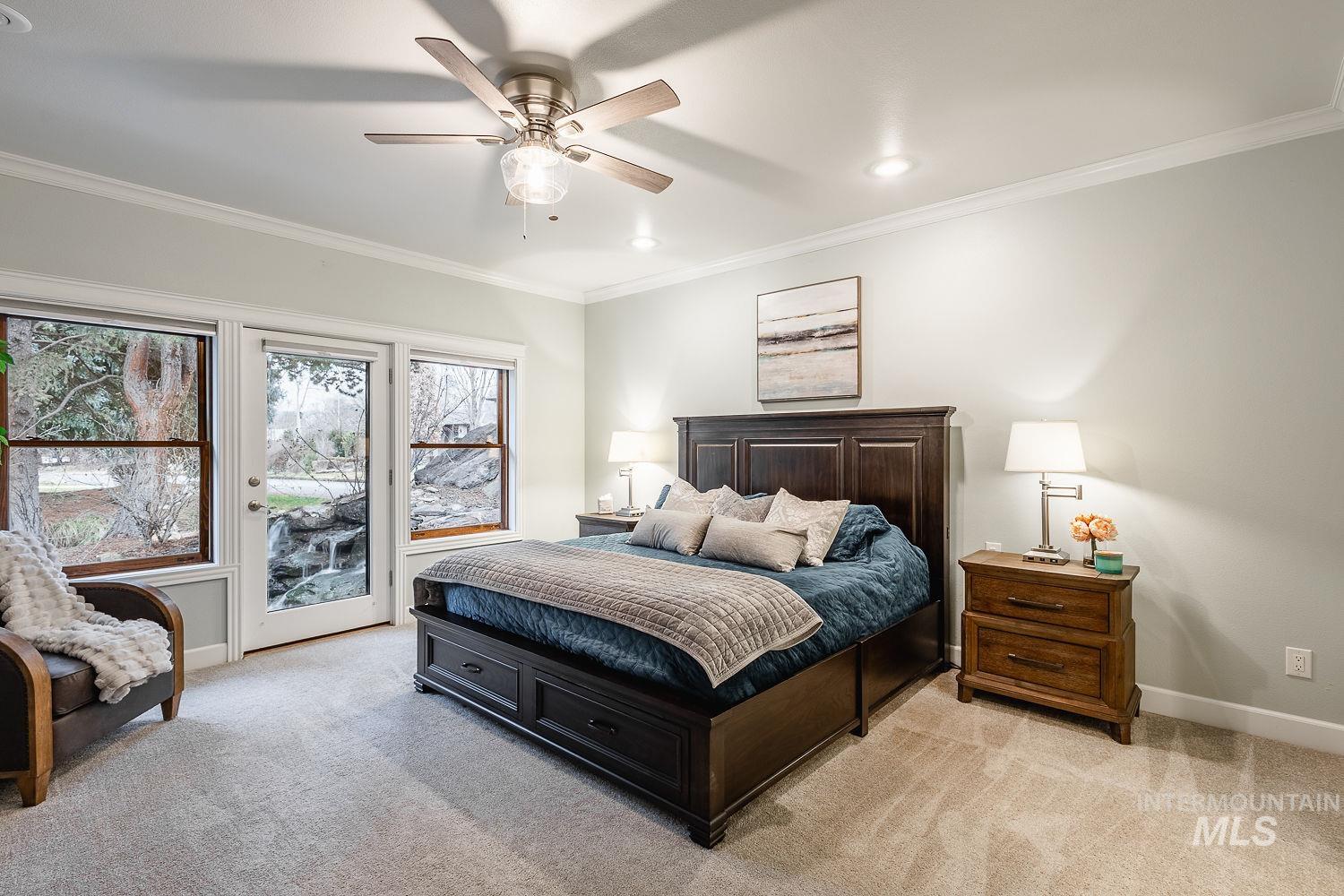 Bedroom featuring ornamental molding, access to outside, light colored carpet, a ceiling fan, and recessed lighting