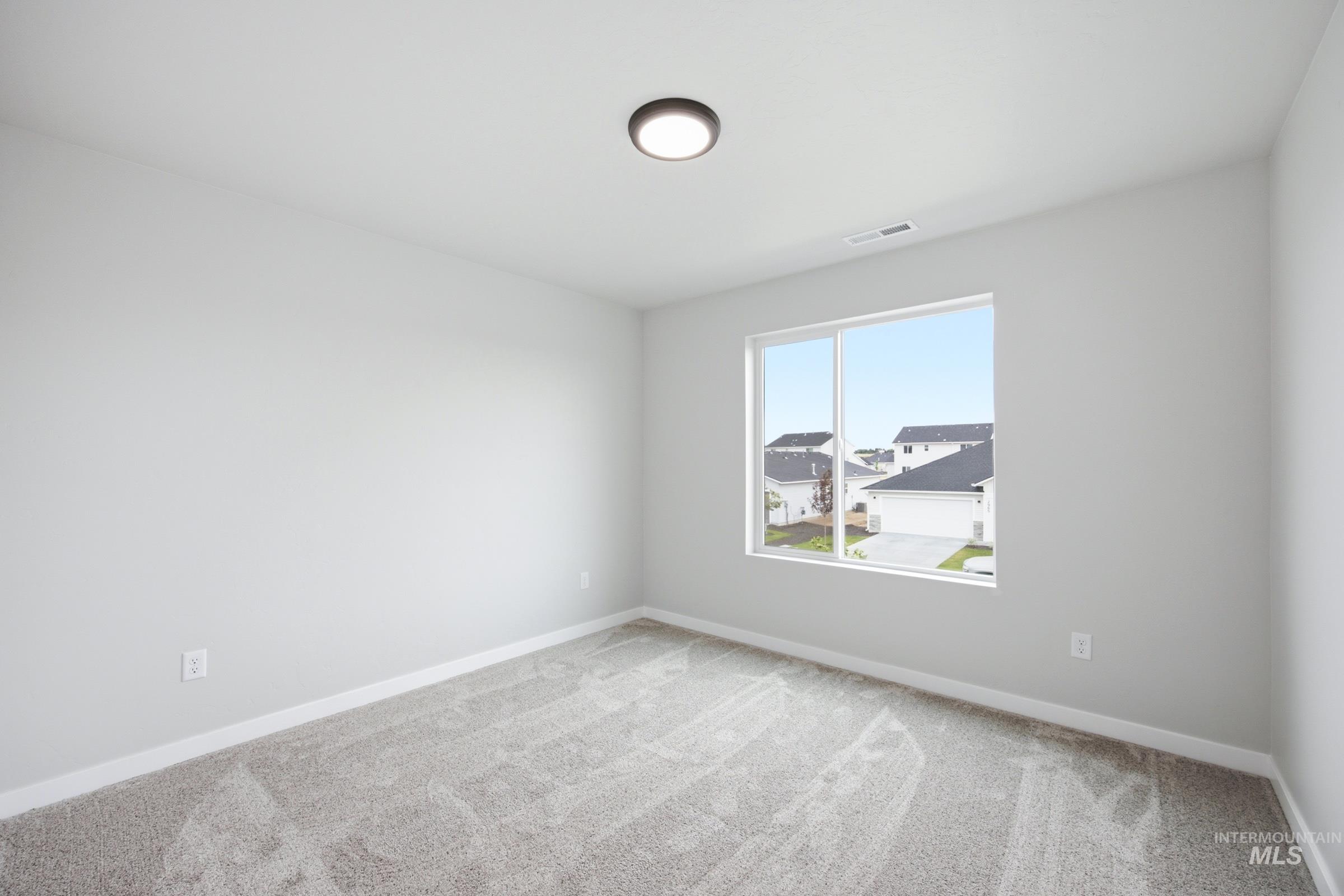 Light gray wall paint with white trim, gray carpet flooring, and a flush-mount ceiling light