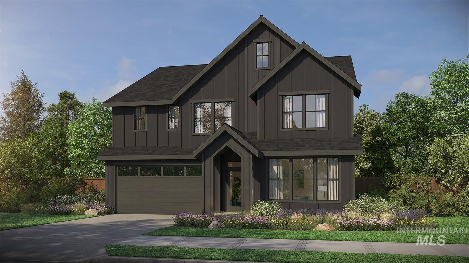 View of front of home with an attached garage, board and batten siding, driveway, and roof with shingles
