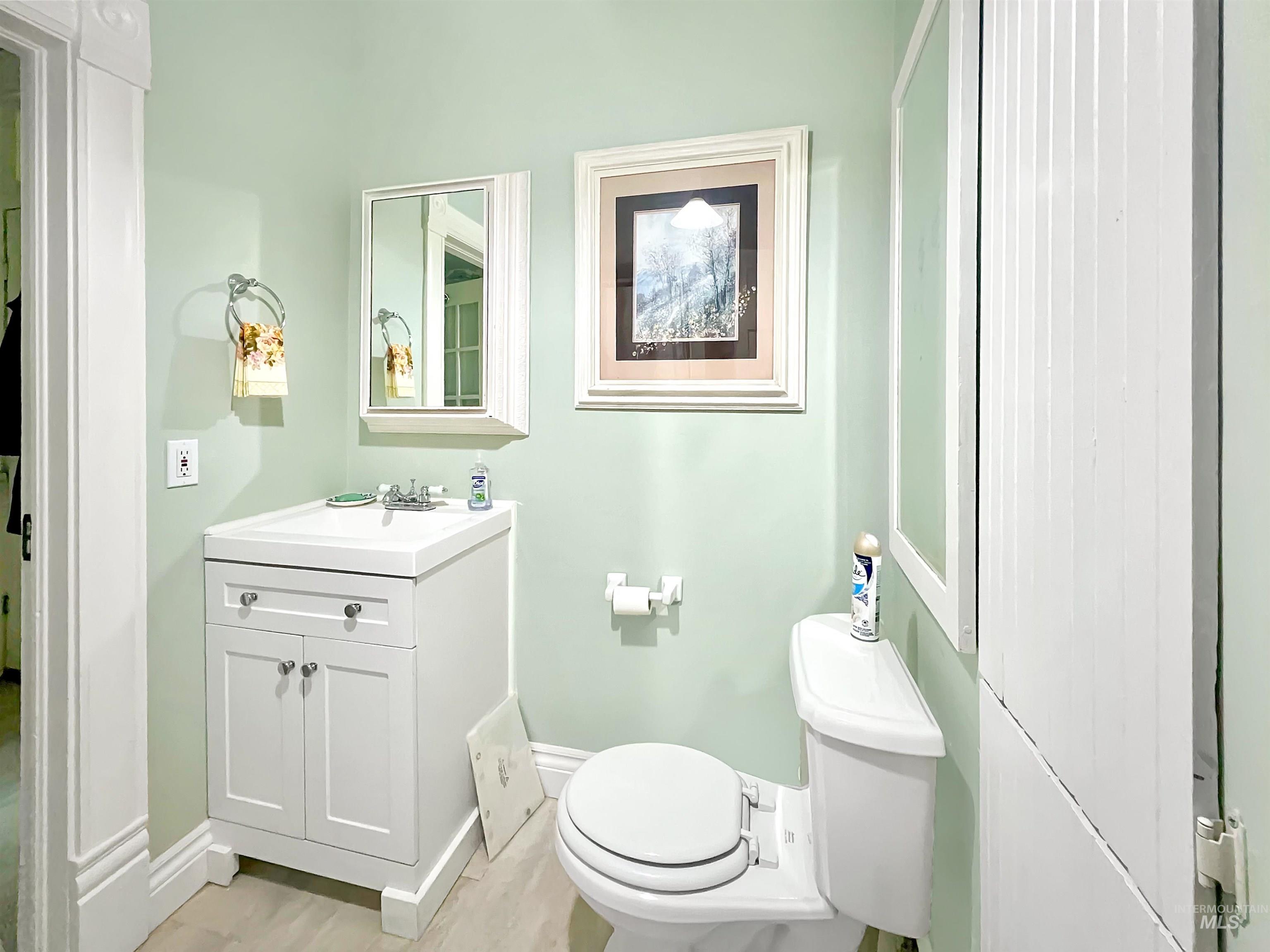 Downstairs bath with vanity and shower.