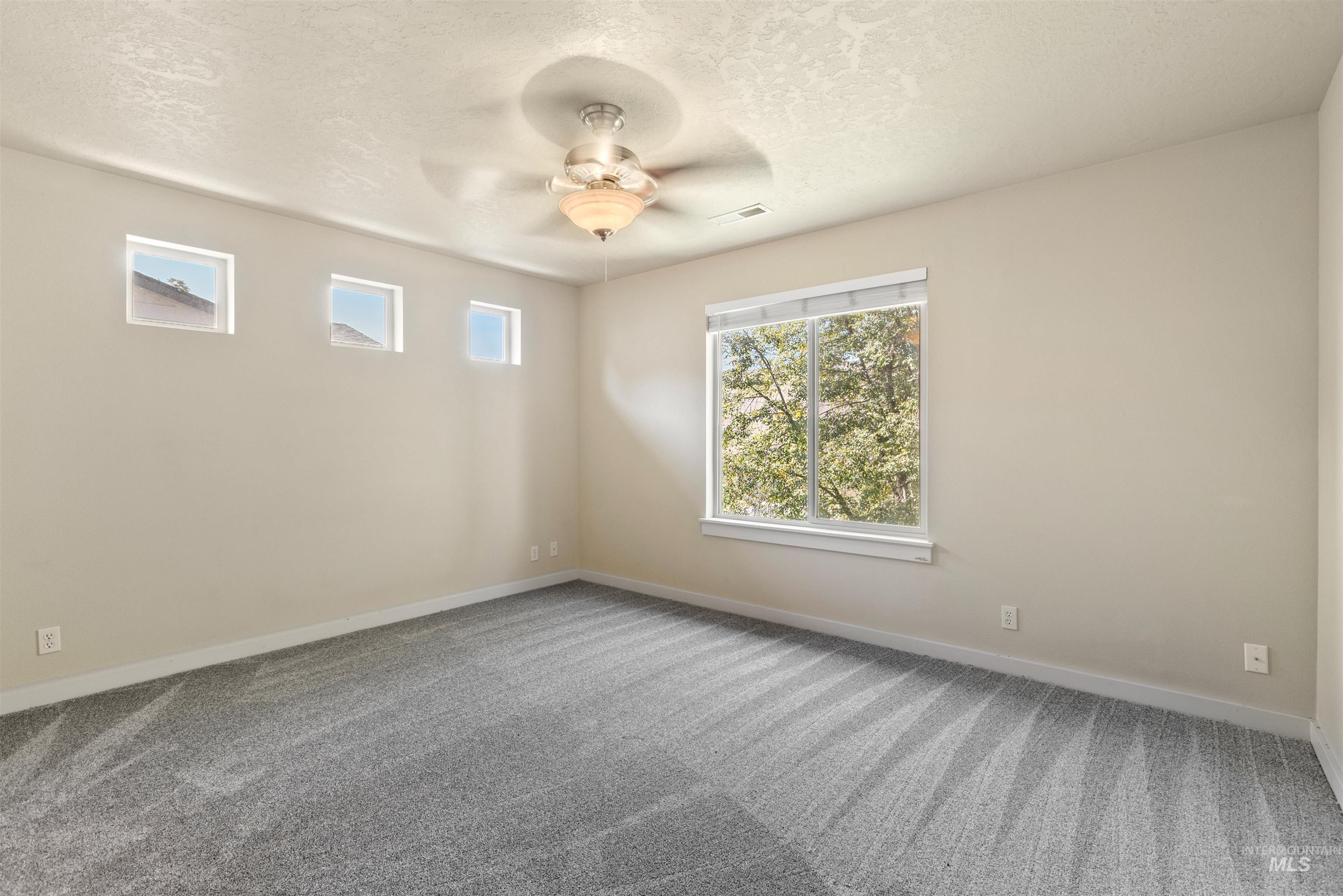 Unfurnished room with carpet floors, plenty of natural light, a textured ceiling, and ceiling fan