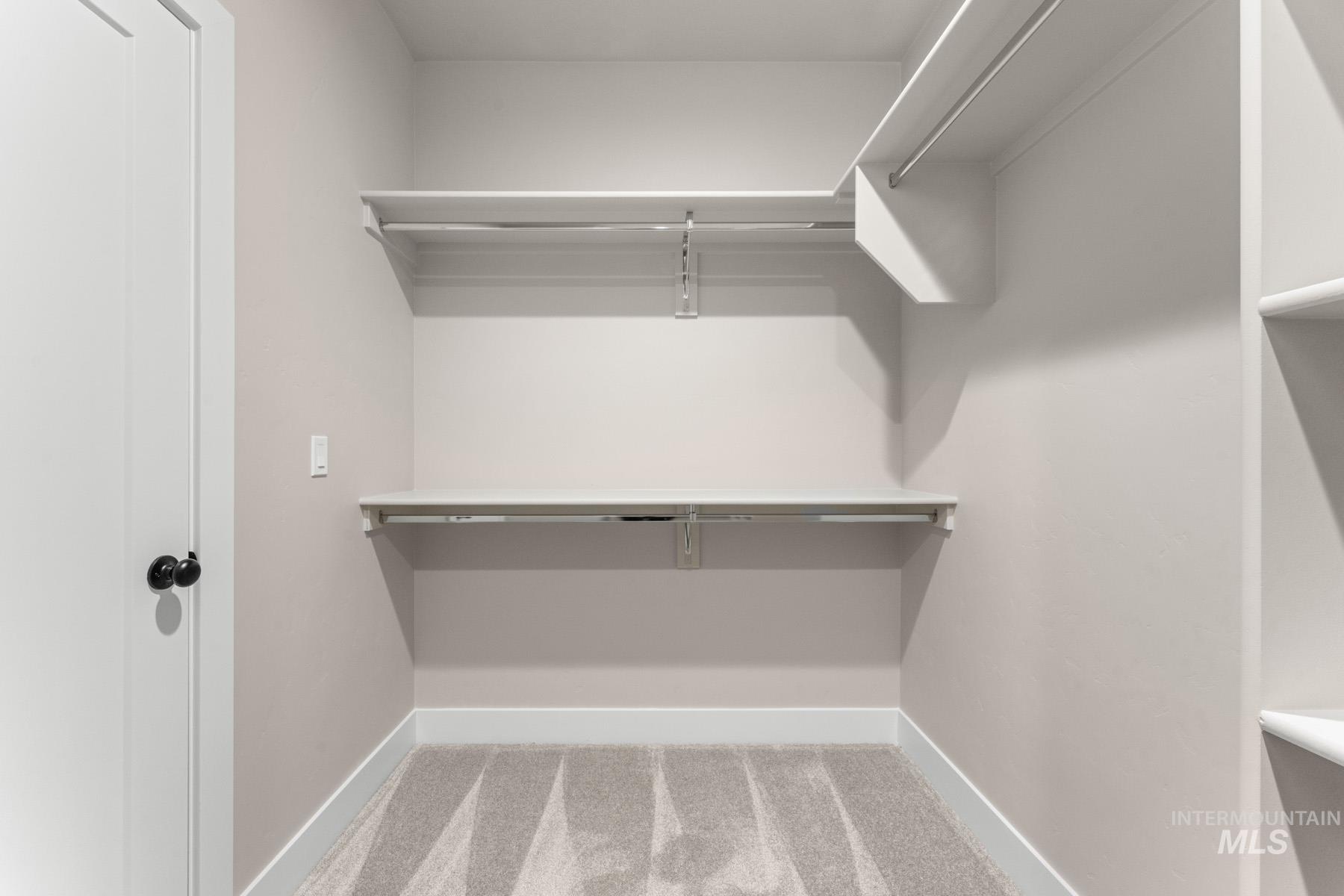 Walk in closet featuring light carpet