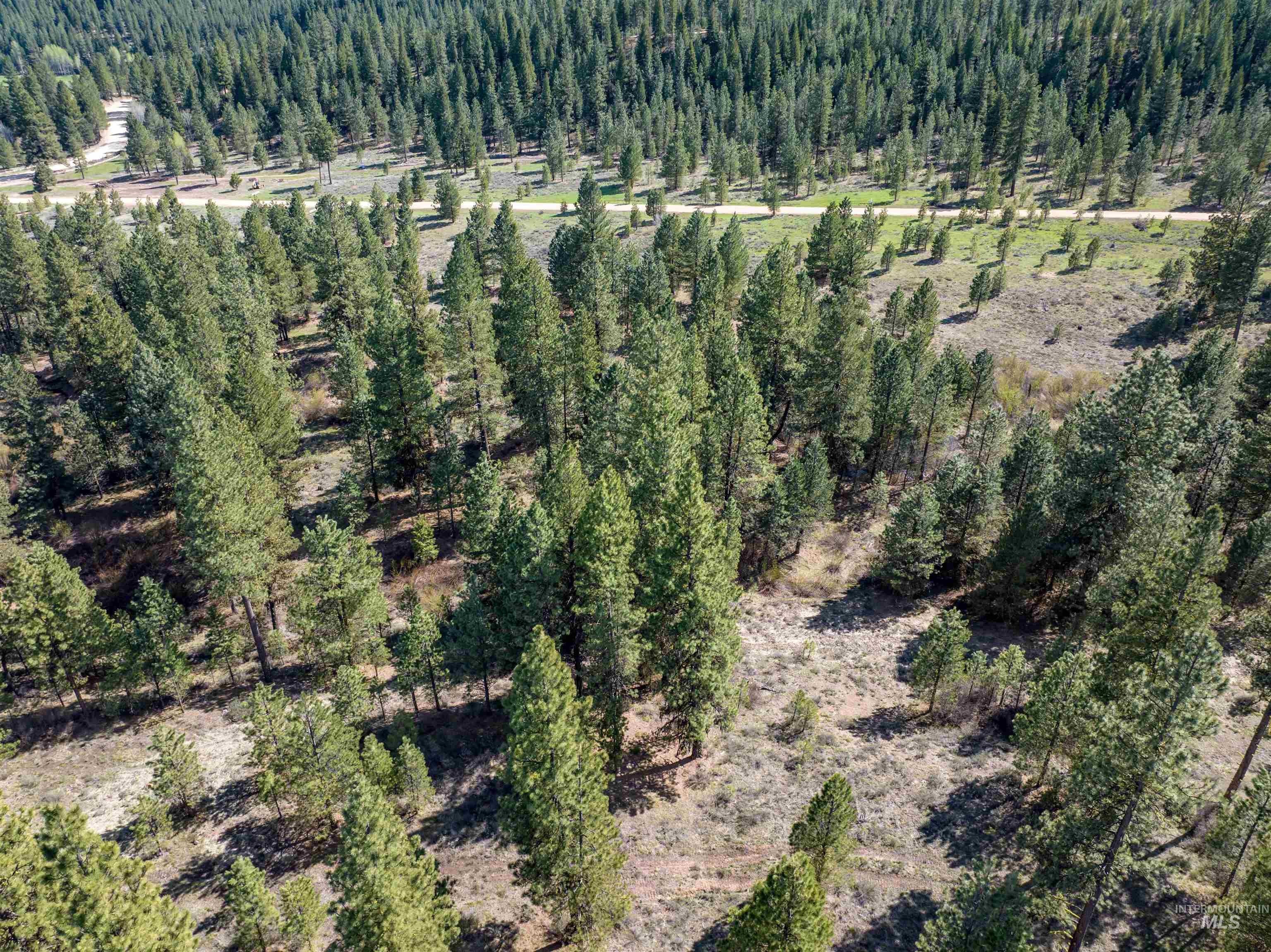Aerial overview of property's location with a heavily wooded area