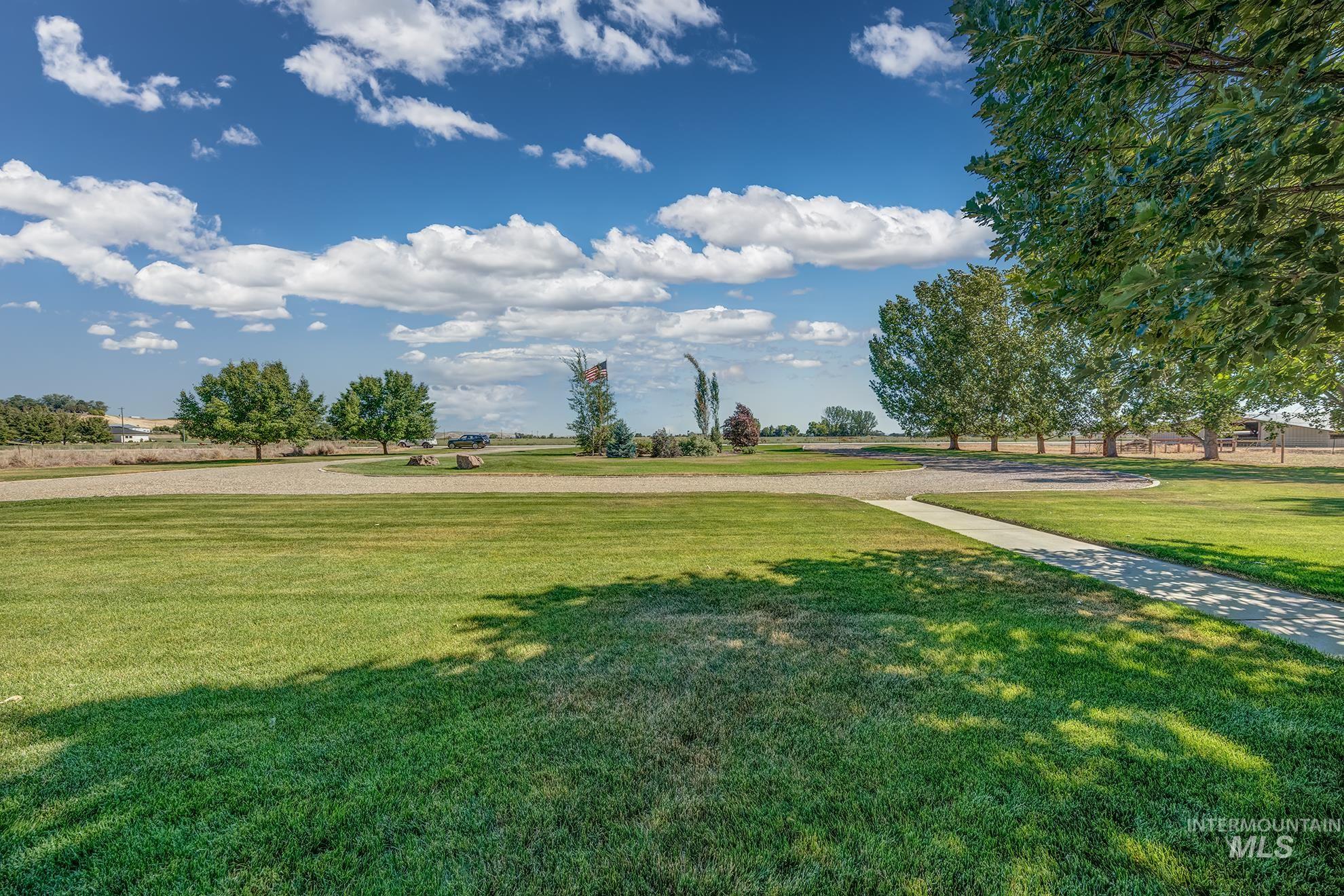 Expansive green lawn with a concrete pathway and mature trees