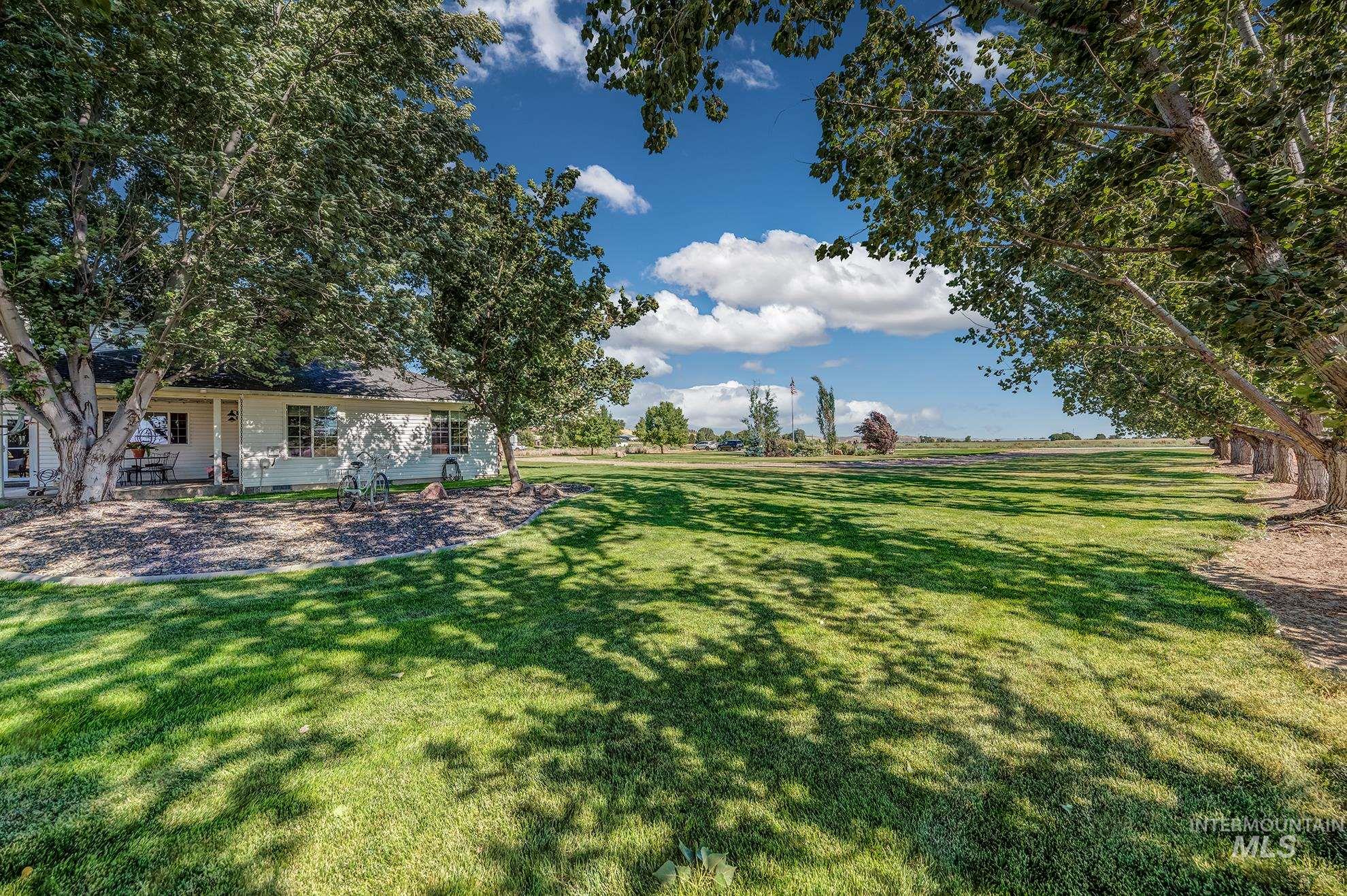 Expansive green lawn with mature trees providing shade