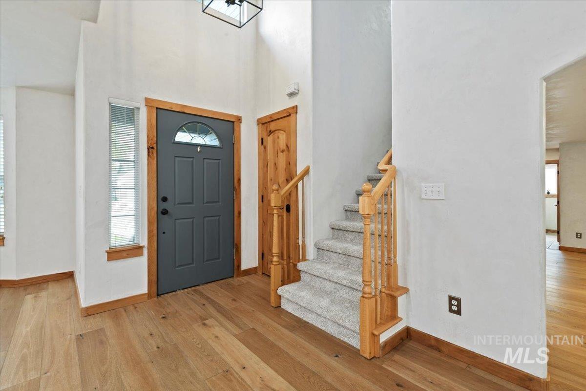 Foyer entrance featuring hardwood flooring, high ceilings and new carpet