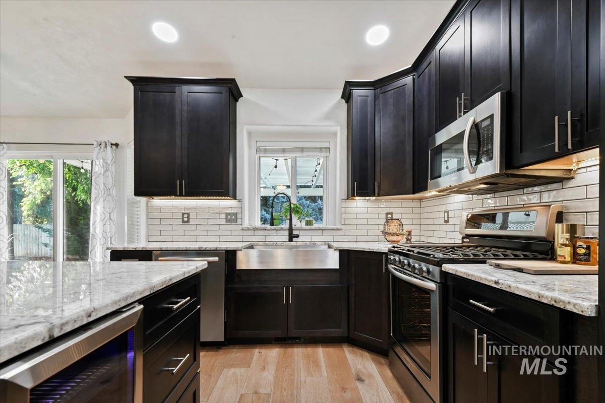 Stainless steel appliances and undermount sink looking over the backyard