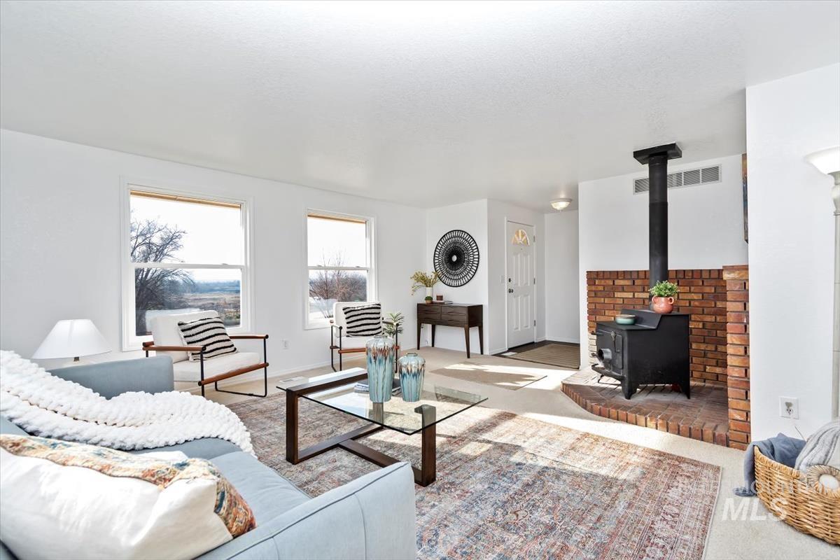 Living room with a wood stove