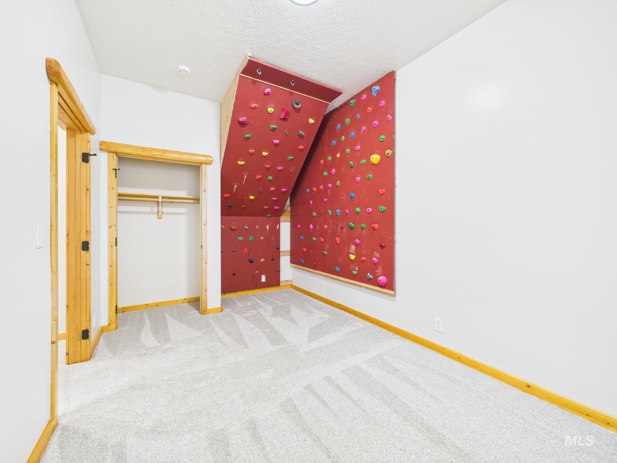 Unfurnished bedroom featuring carpet floors, a textured ceiling, and a closet