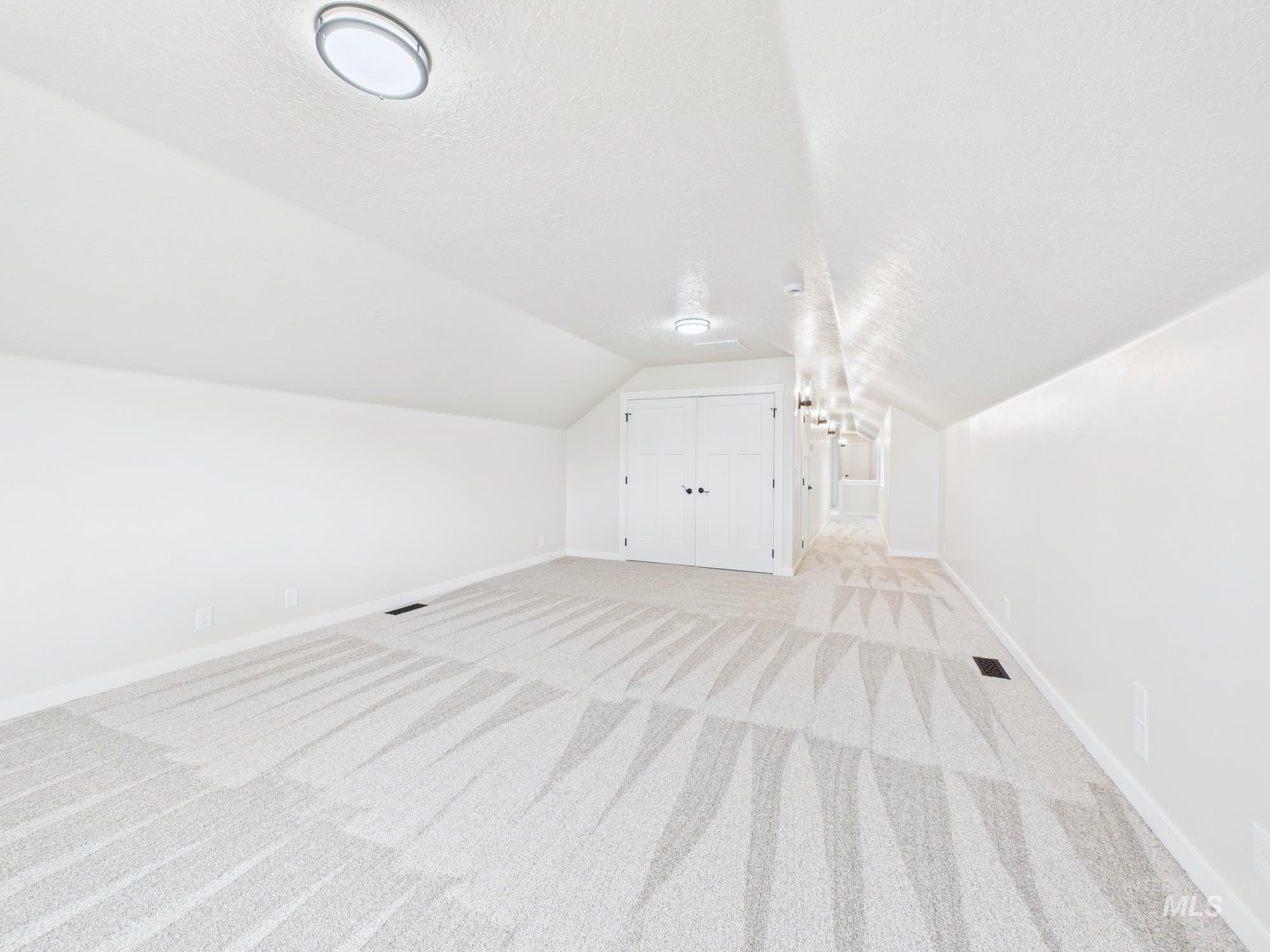 Additional living space featuring light carpet, a textured ceiling, and vaulted ceiling