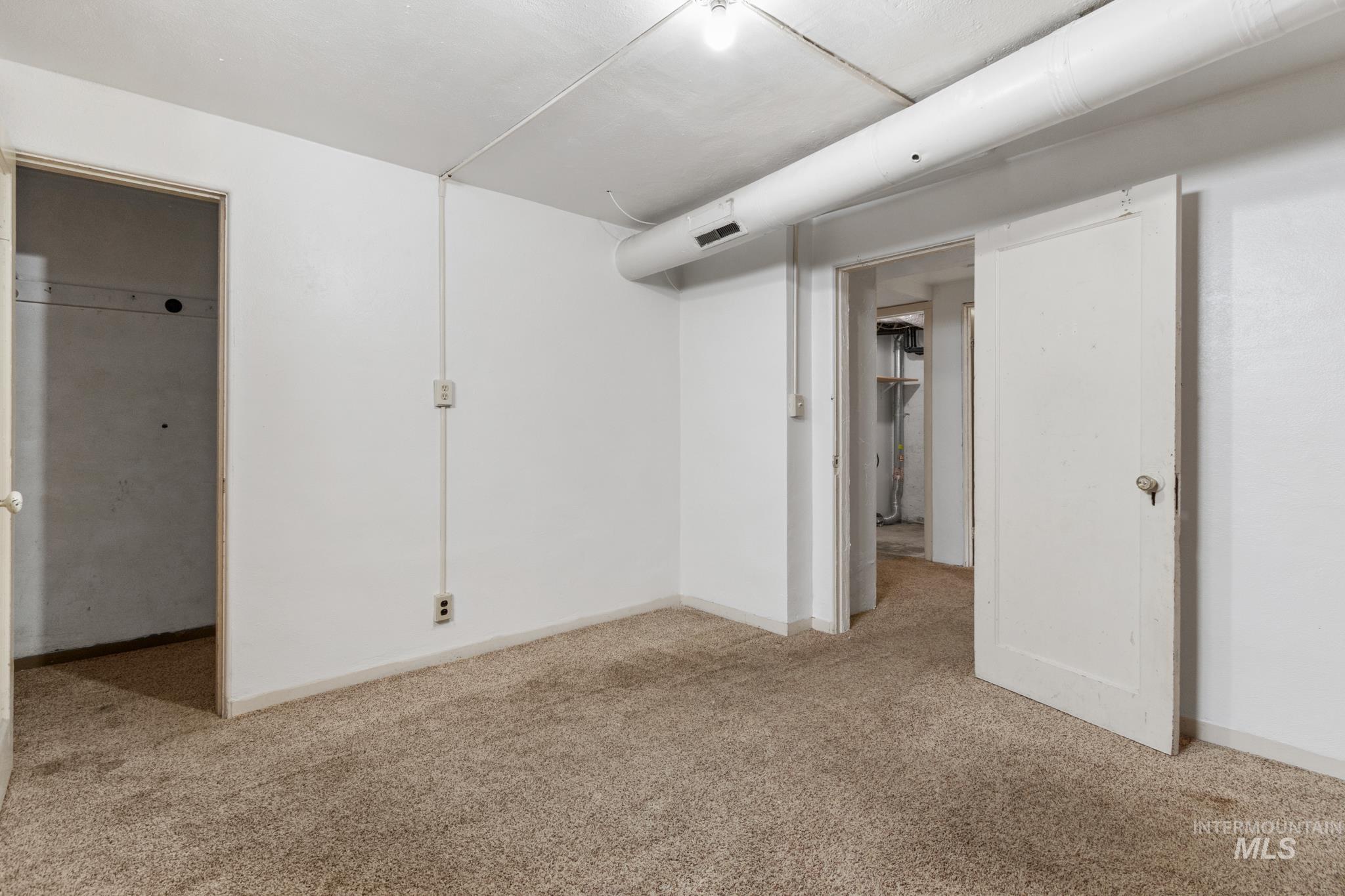 Carpeted interior space featuring white painted walls and ceiling