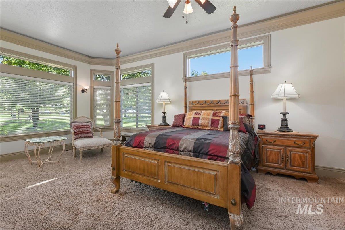 Carpeted bedroom with ornamental molding, a ceiling fan, and a textured ceiling