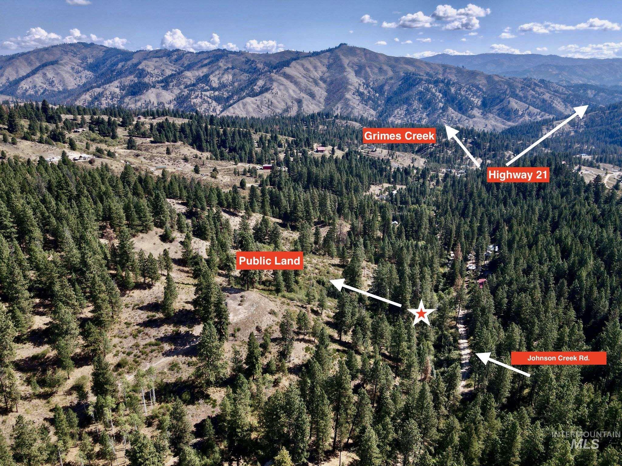 Bird's eye view of a mountain backdrop and a heavily wooded area