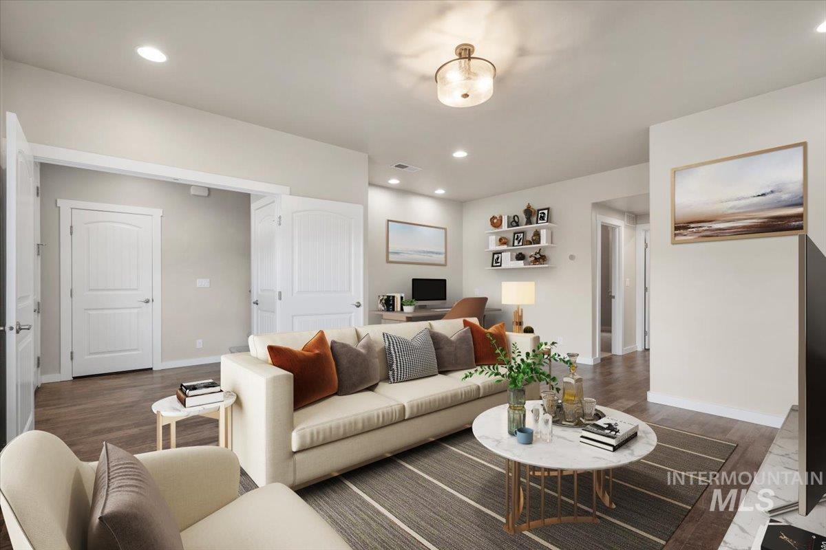 Family room with an office area, wood finished floors, and recessed lighting