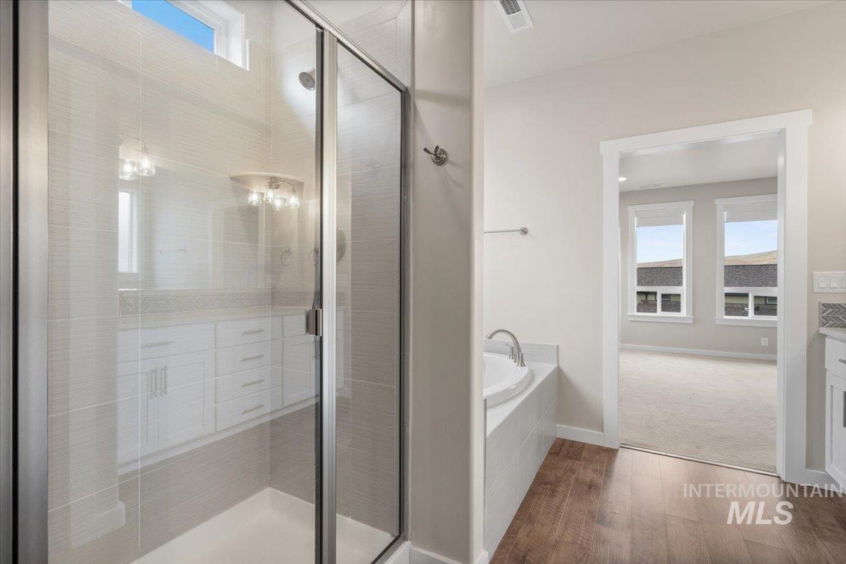 Bathroom with dark wood-style flooring, a garden tub, a stall shower, and vanity