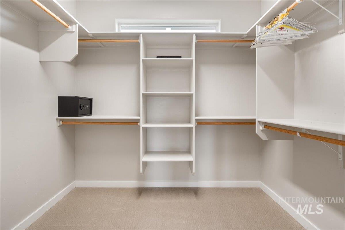 Spacious closet featuring light colored carpet