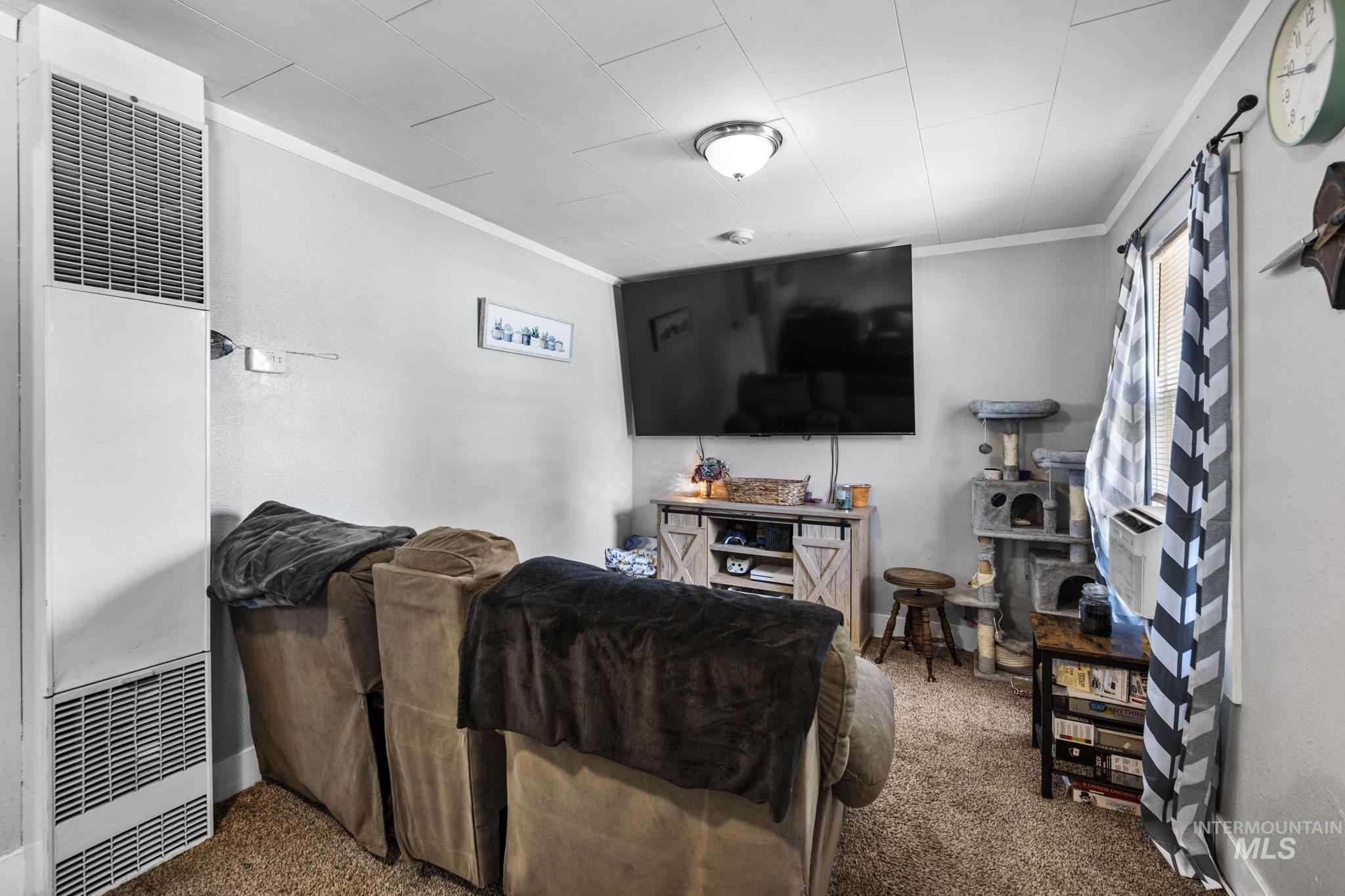 Living area with a heating unit, carpet floors, and crown molding