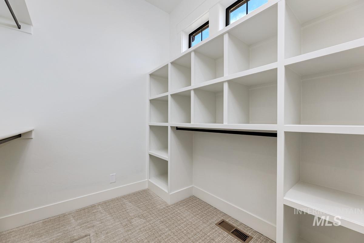 Spacious closet featuring light carpet