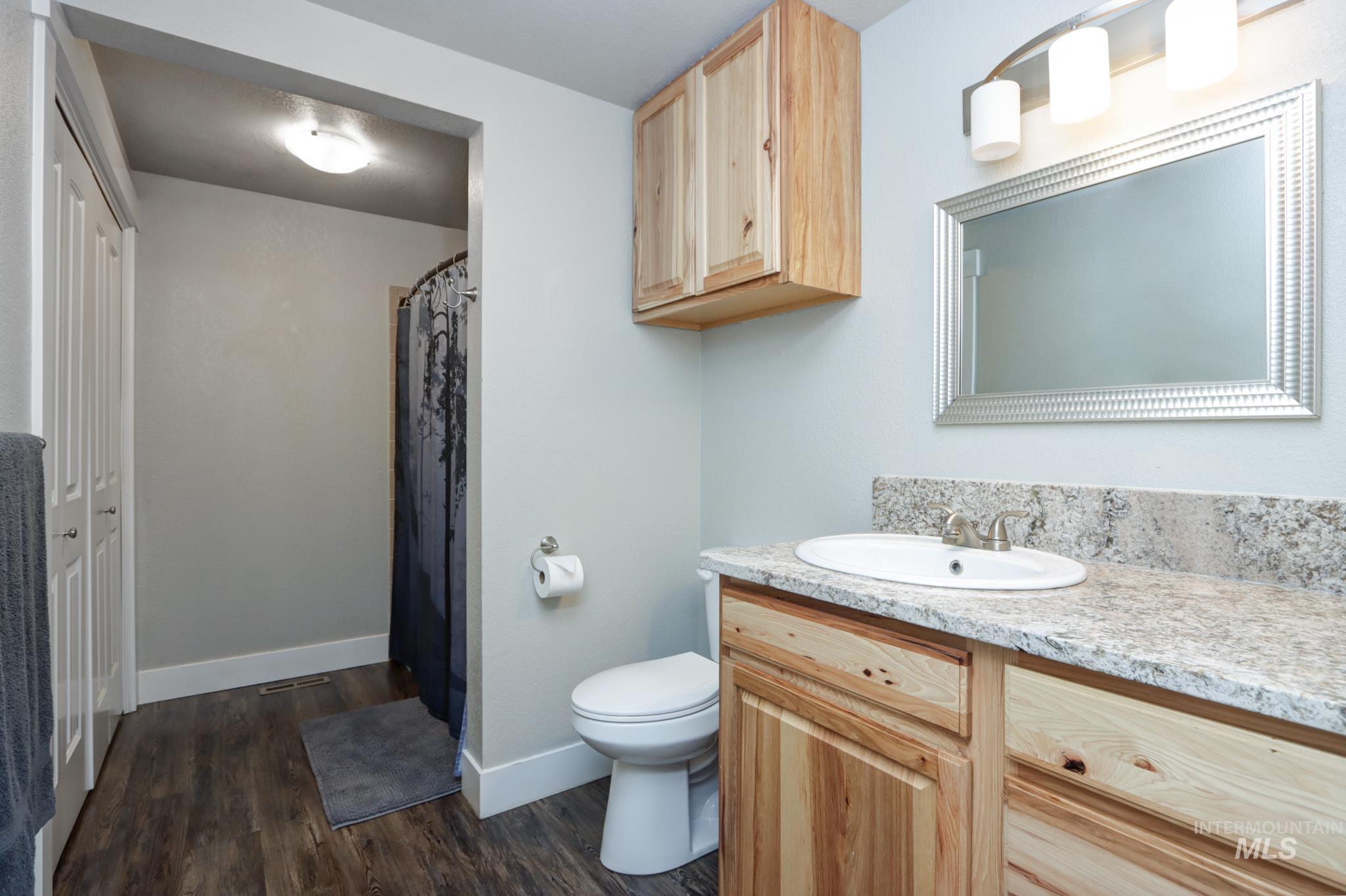 Full bathroom with vanity, dark wood-style floors, and a shower with curtain
