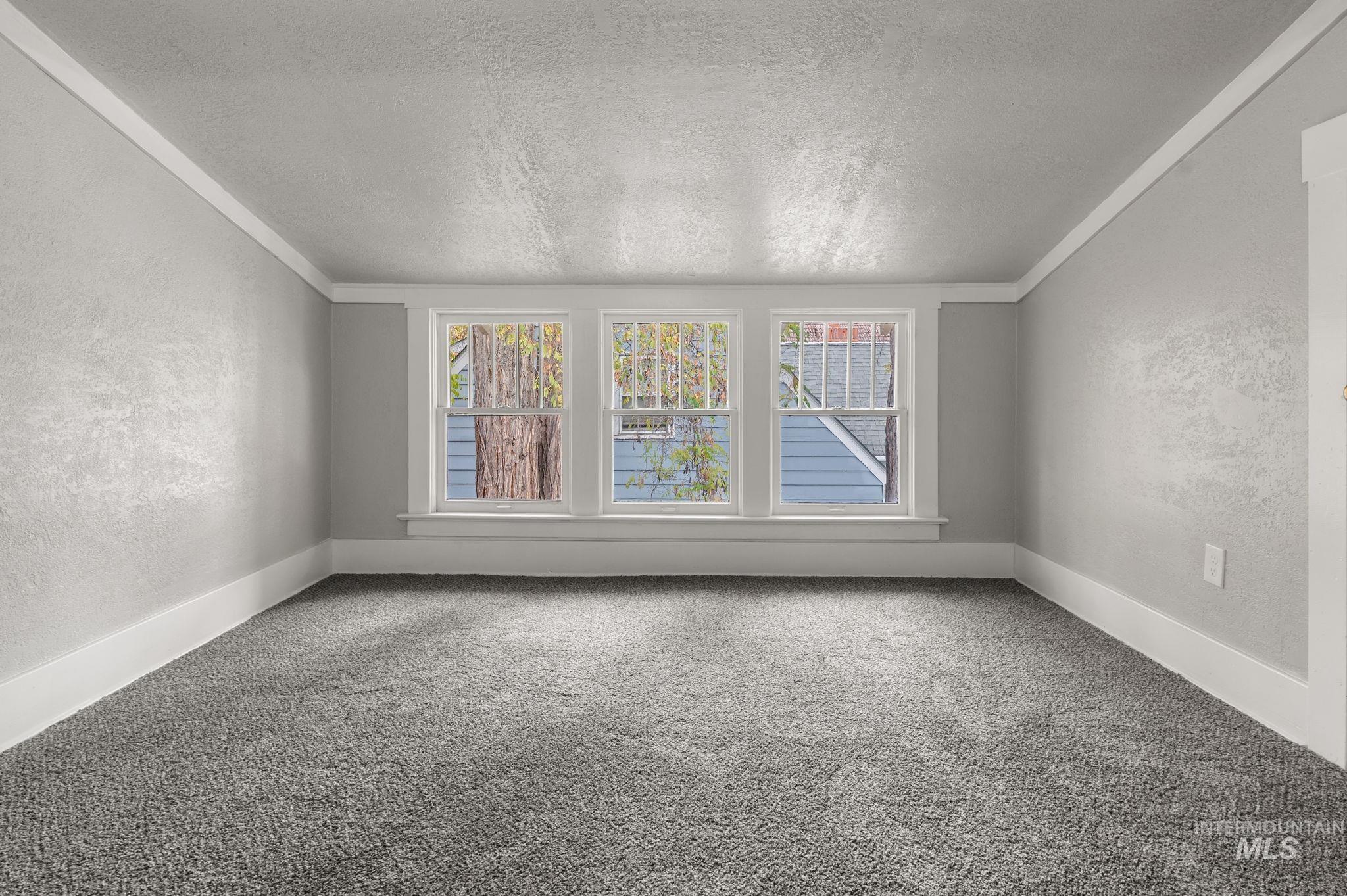 Unfurnished room with a textured wall, a textured ceiling, carpet flooring, and crown molding