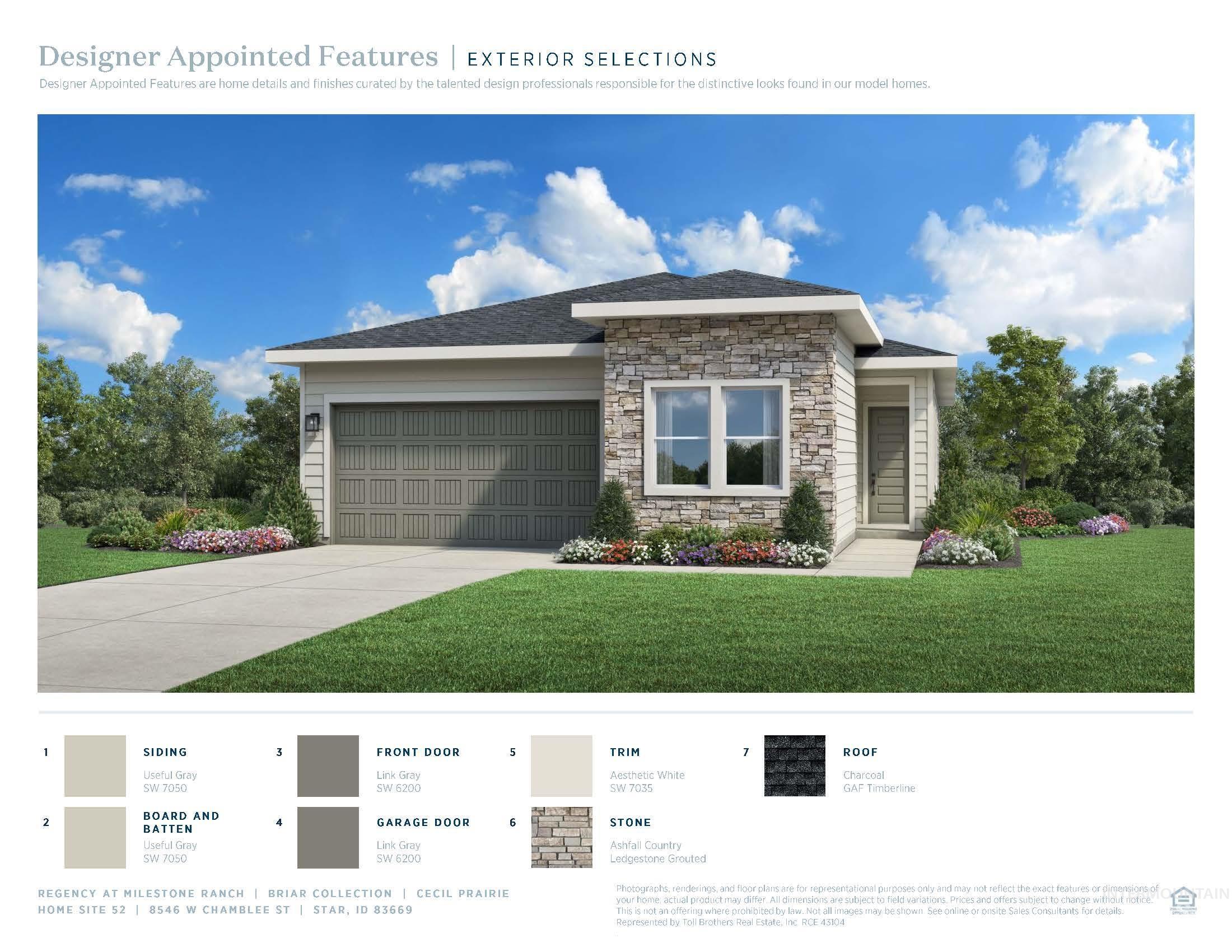 View of front of home with stone siding, a front lawn, driveway, and an attached garage