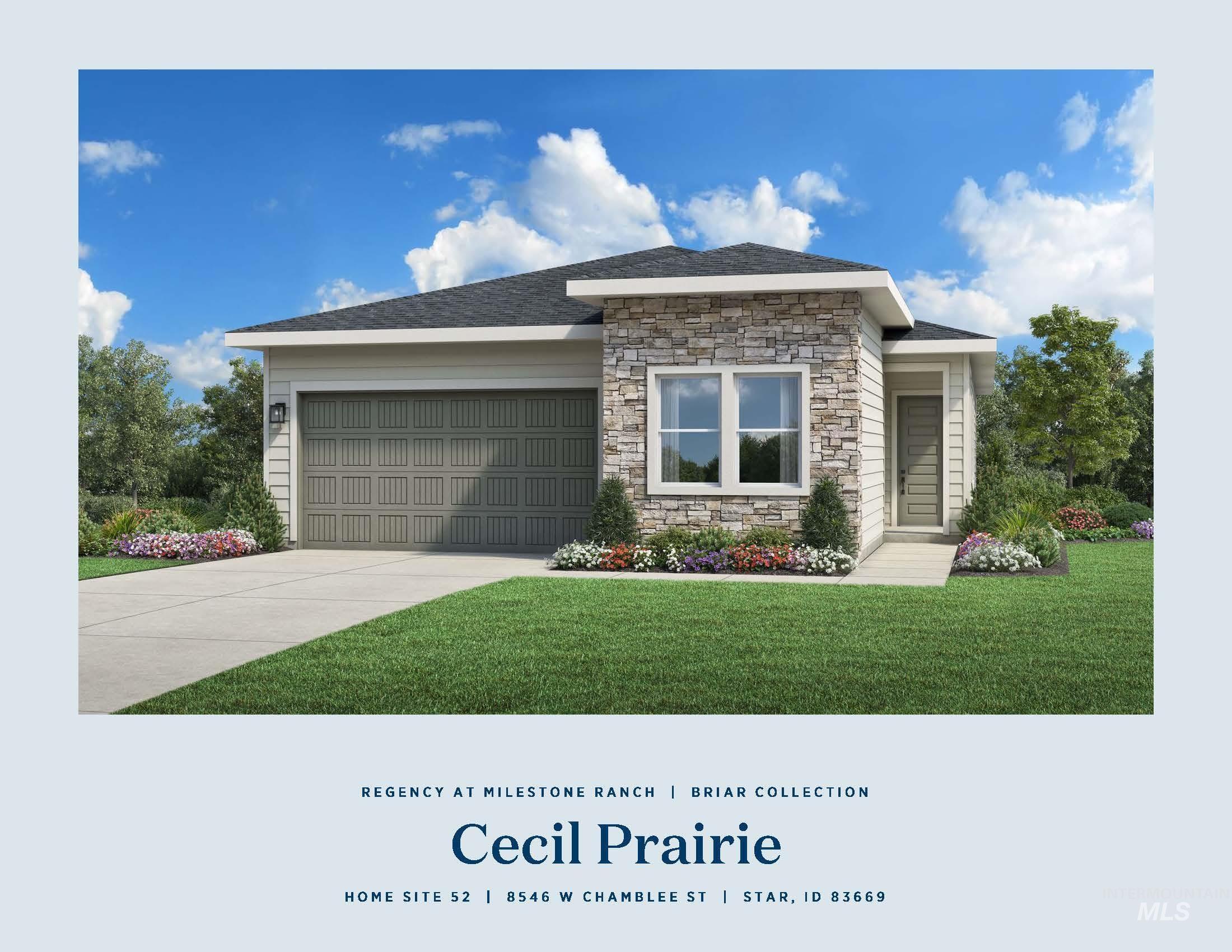 View of front of house with stone siding, a front yard, a garage, and concrete driveway