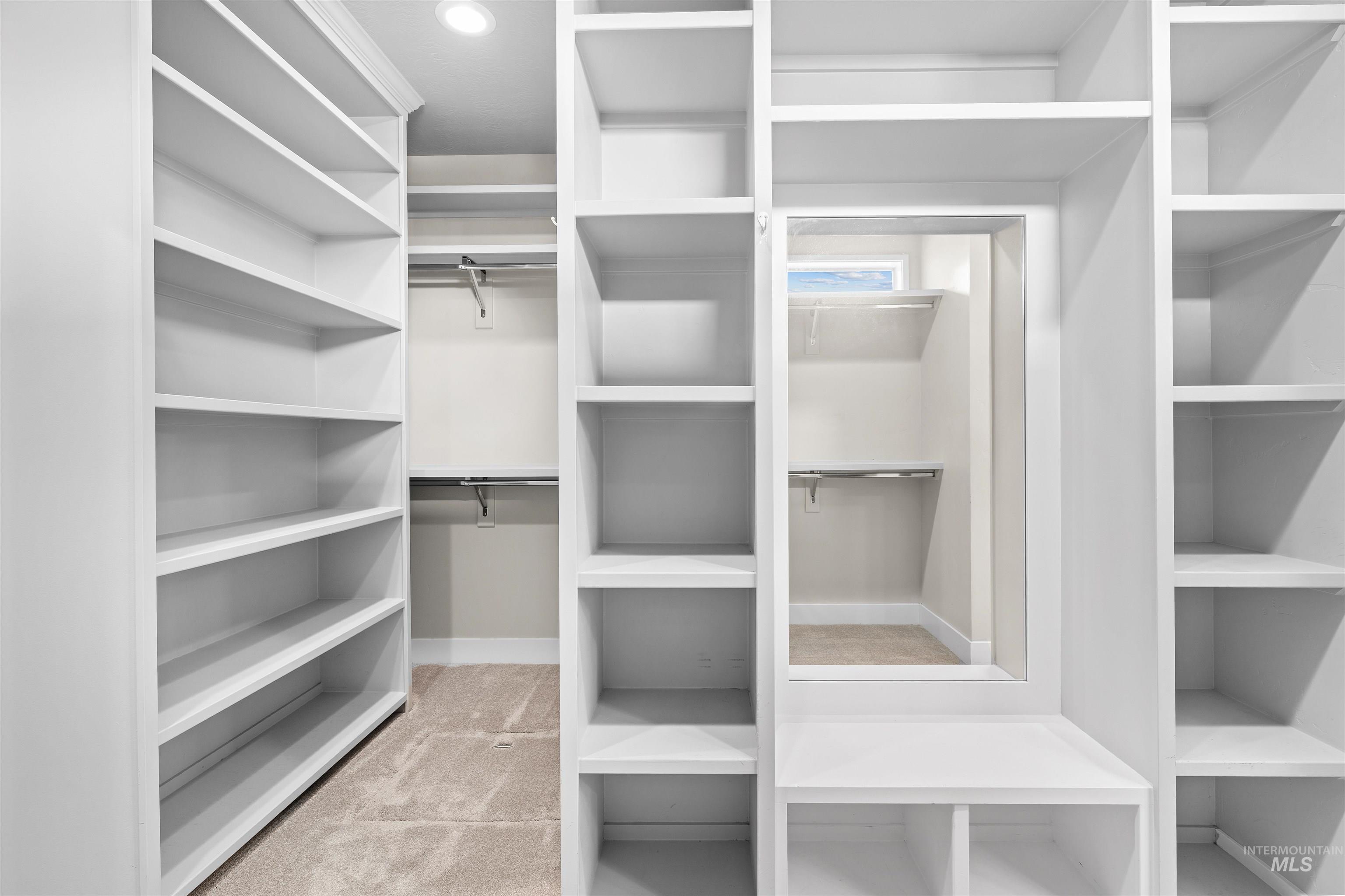 Walk in closet with light colored carpet