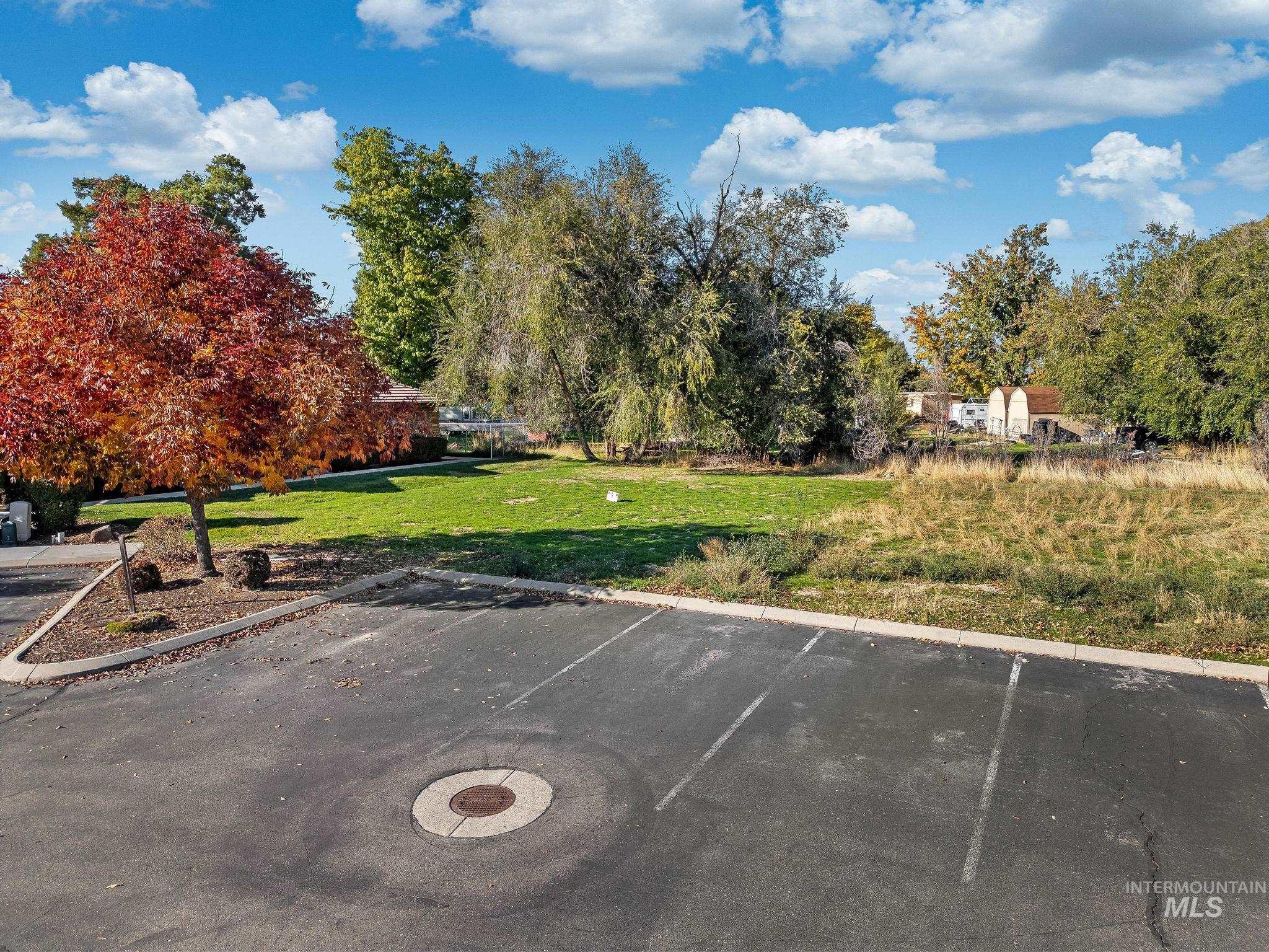 Uncovered parking lot with view of scattered trees