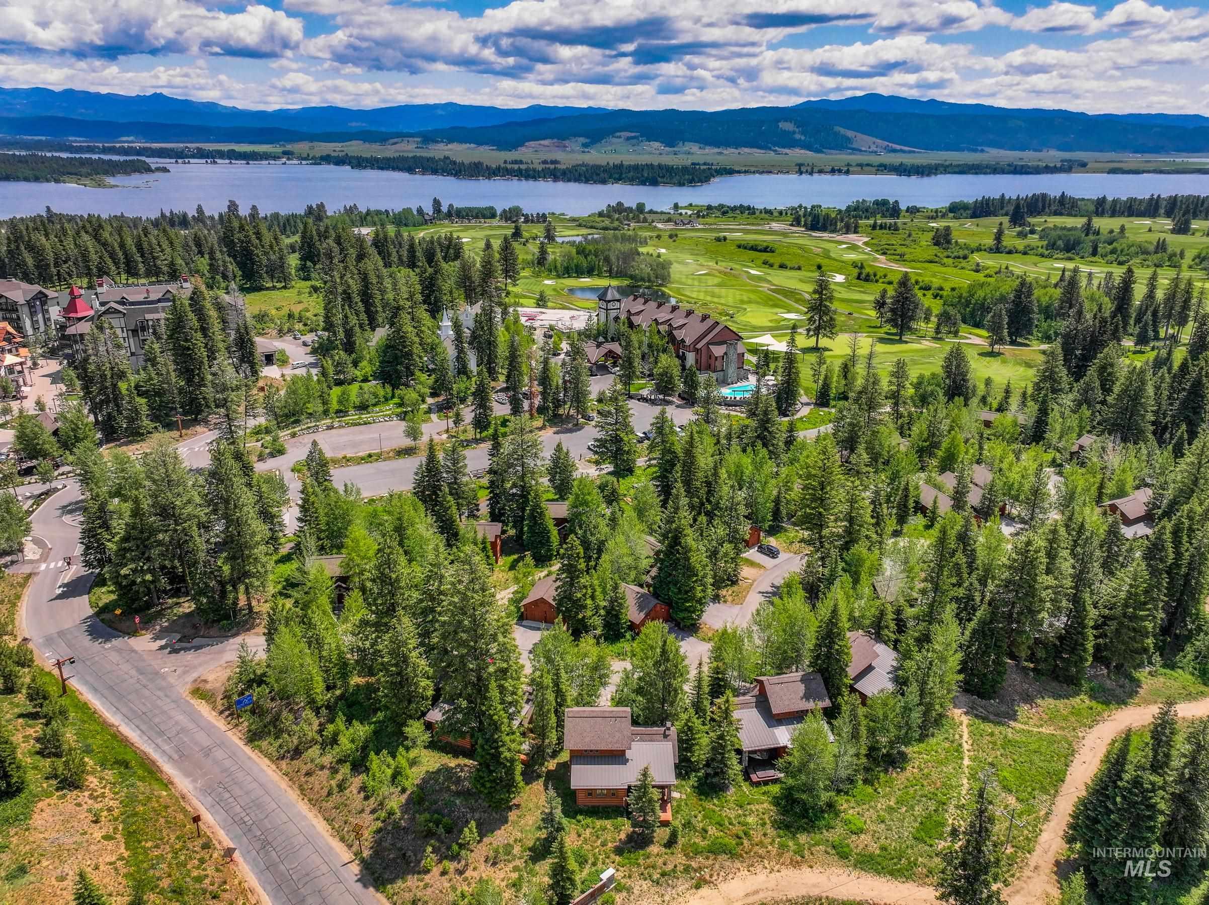 Aerial view of a water and mountain view
