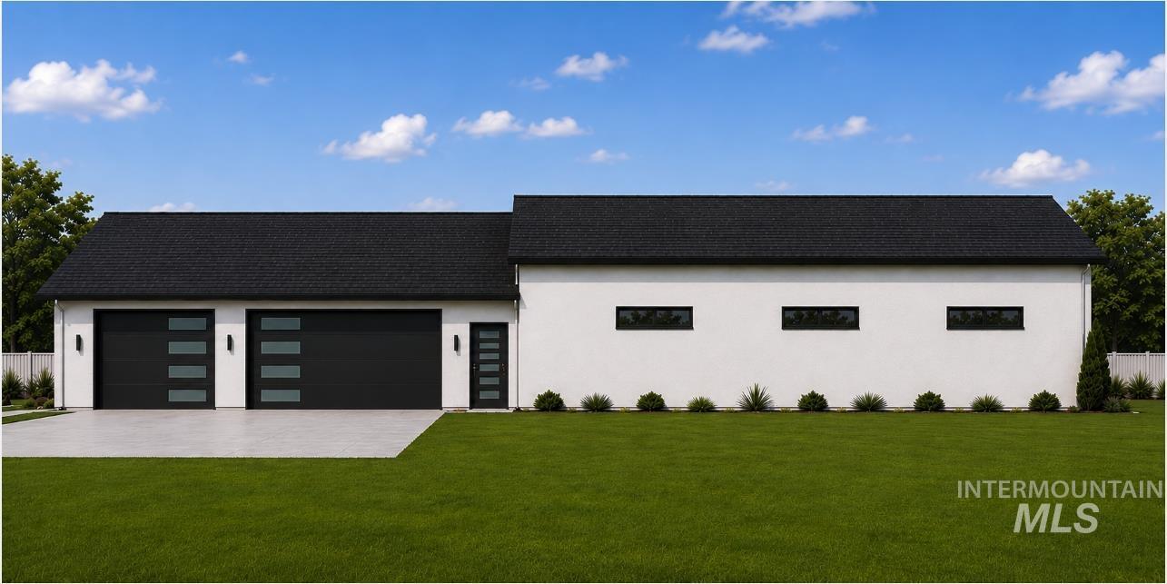 Modern white stucco exterior featuring a dark shingle roof and a two-car garage with contemporary doors