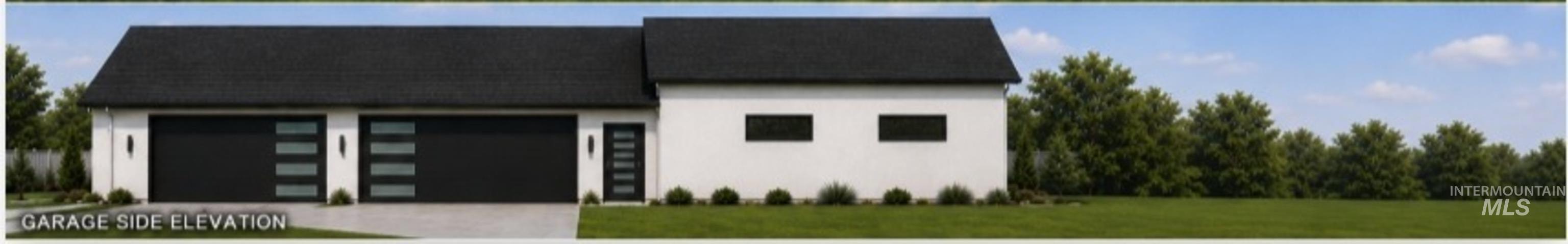 Modern architectural design featuring a white exterior with a dark roofline, multiple garage doors with horizontal window accents, a dark entry door with horizontal window accents, and integrated exterior lighting fixtures