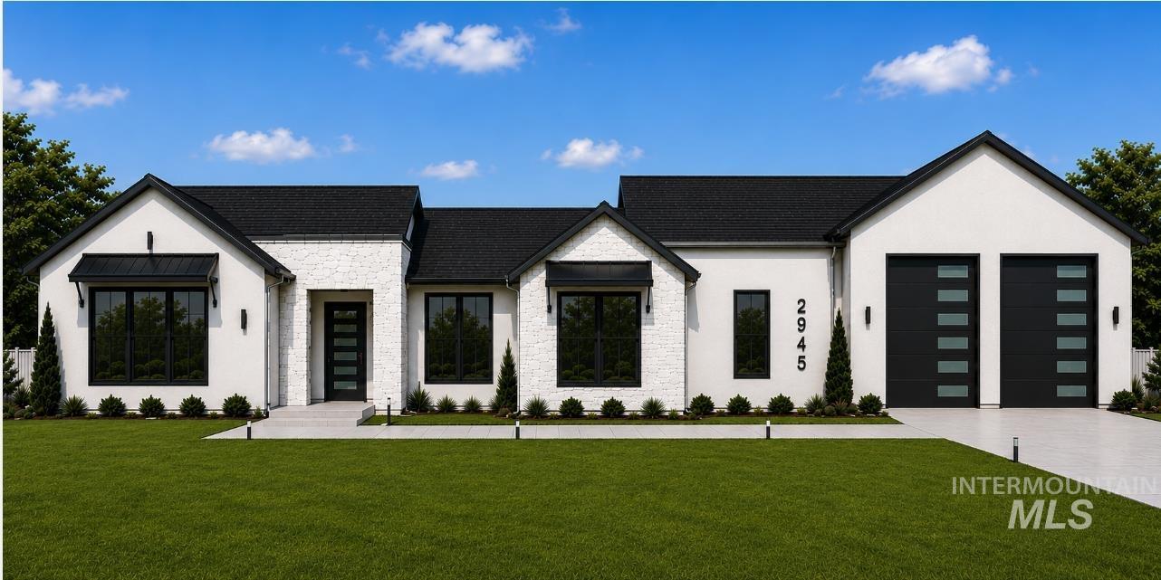 Modern exterior featuring white painted brick and smooth stucco finishes, a dark shingle roof, black framed windows, and two contemporary garage doors with frosted glass panels
