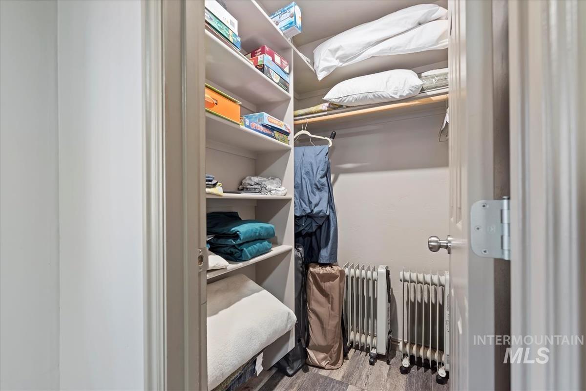 Spacious closet featuring radiator heating unit and light wood-type flooring