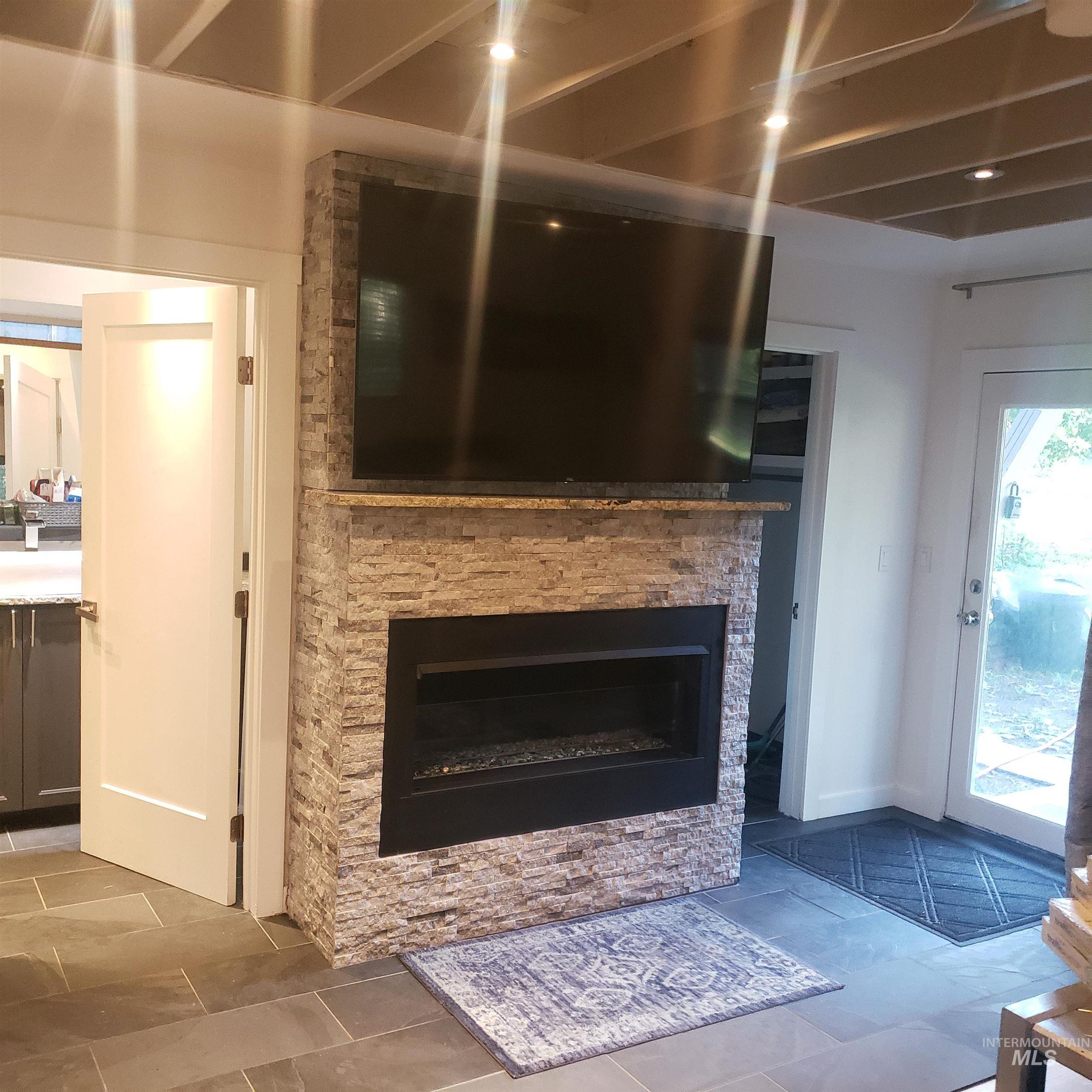 Detailed view of a stone fireplace