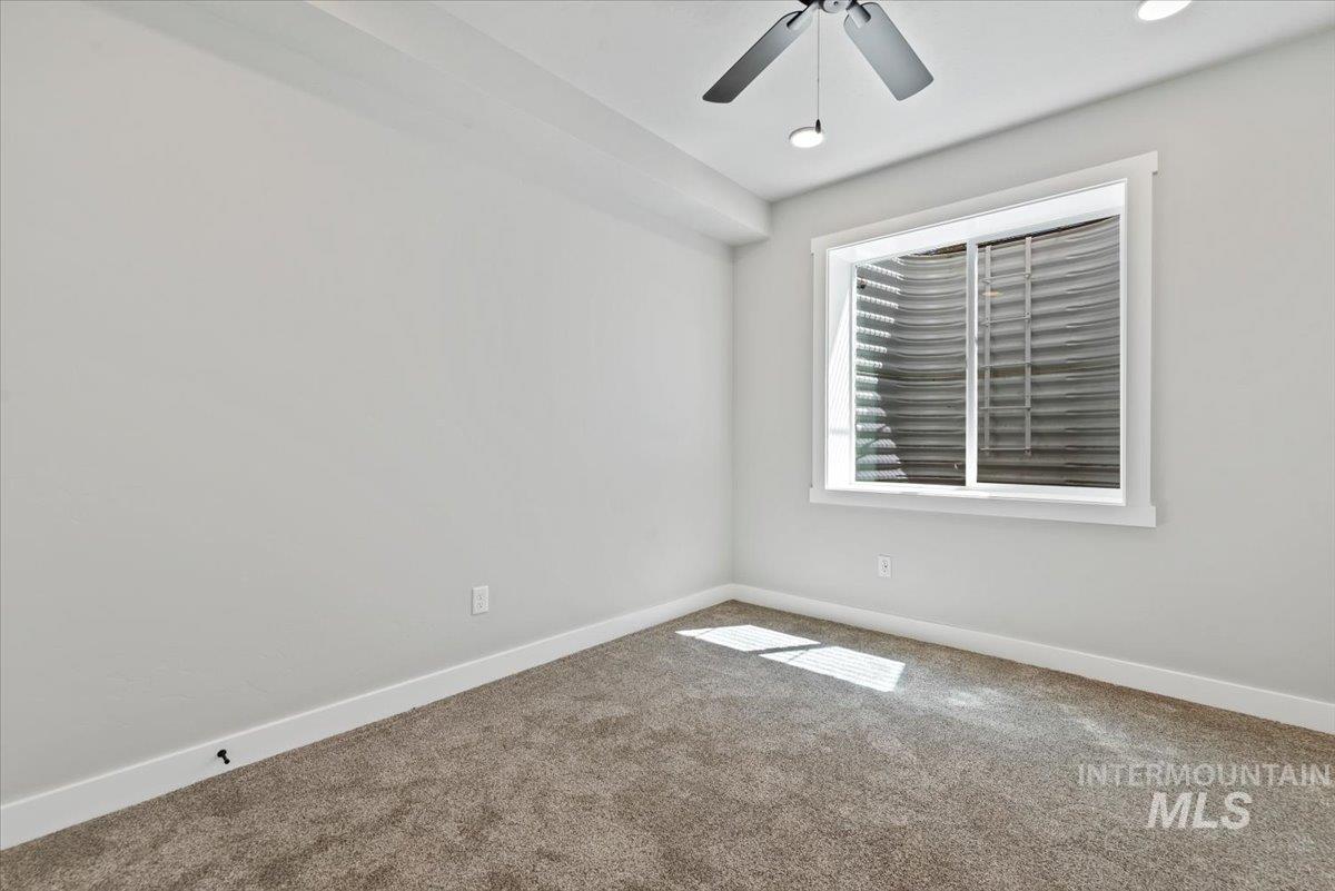 with carpet flooring and a ceiling fan