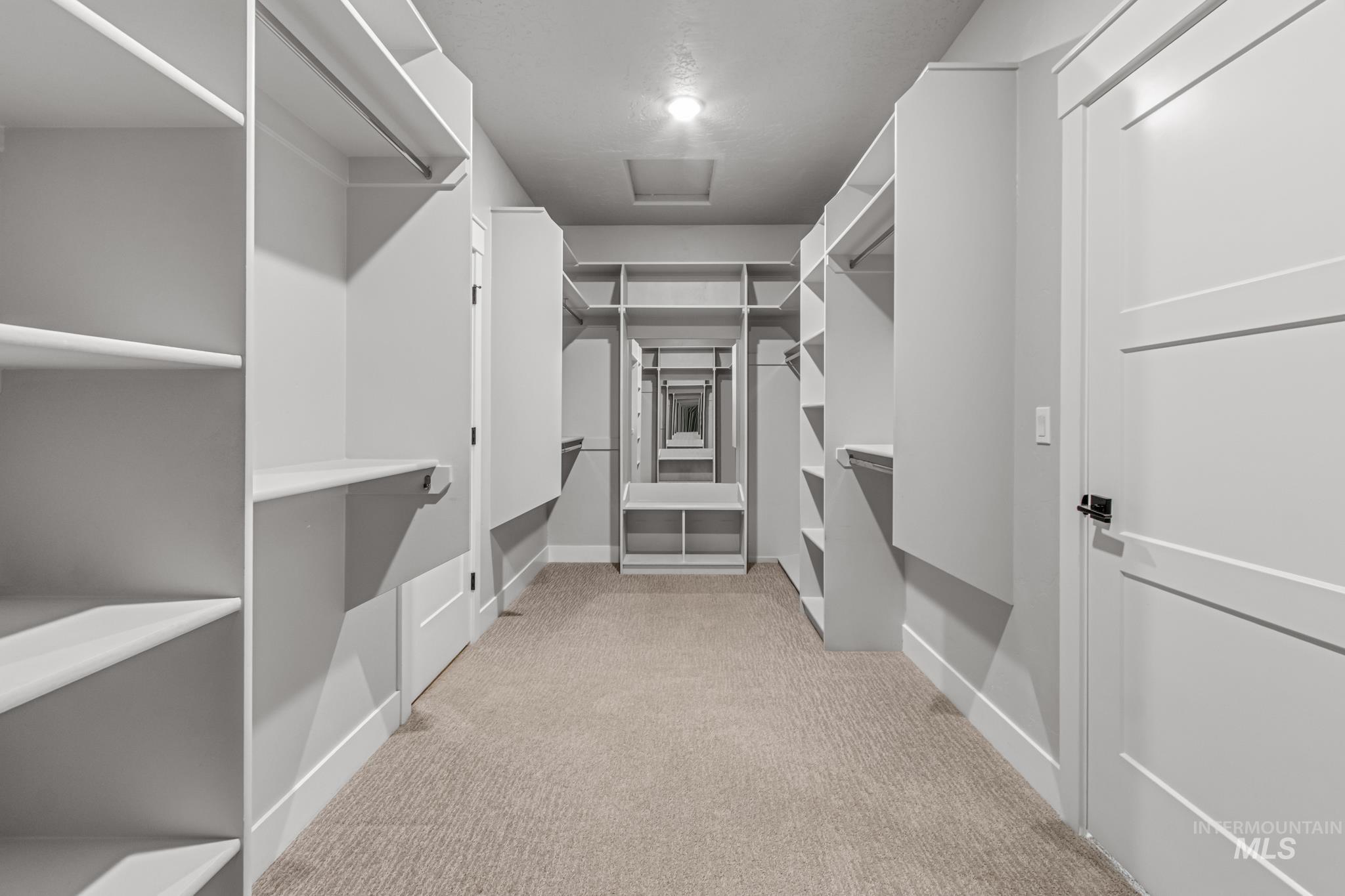 Walk in closet featuring light carpet and attic access