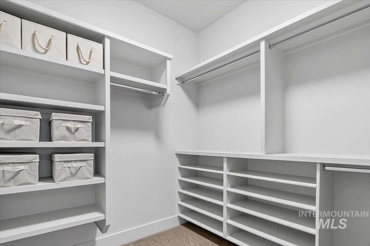 Walk in closet featuring light carpet